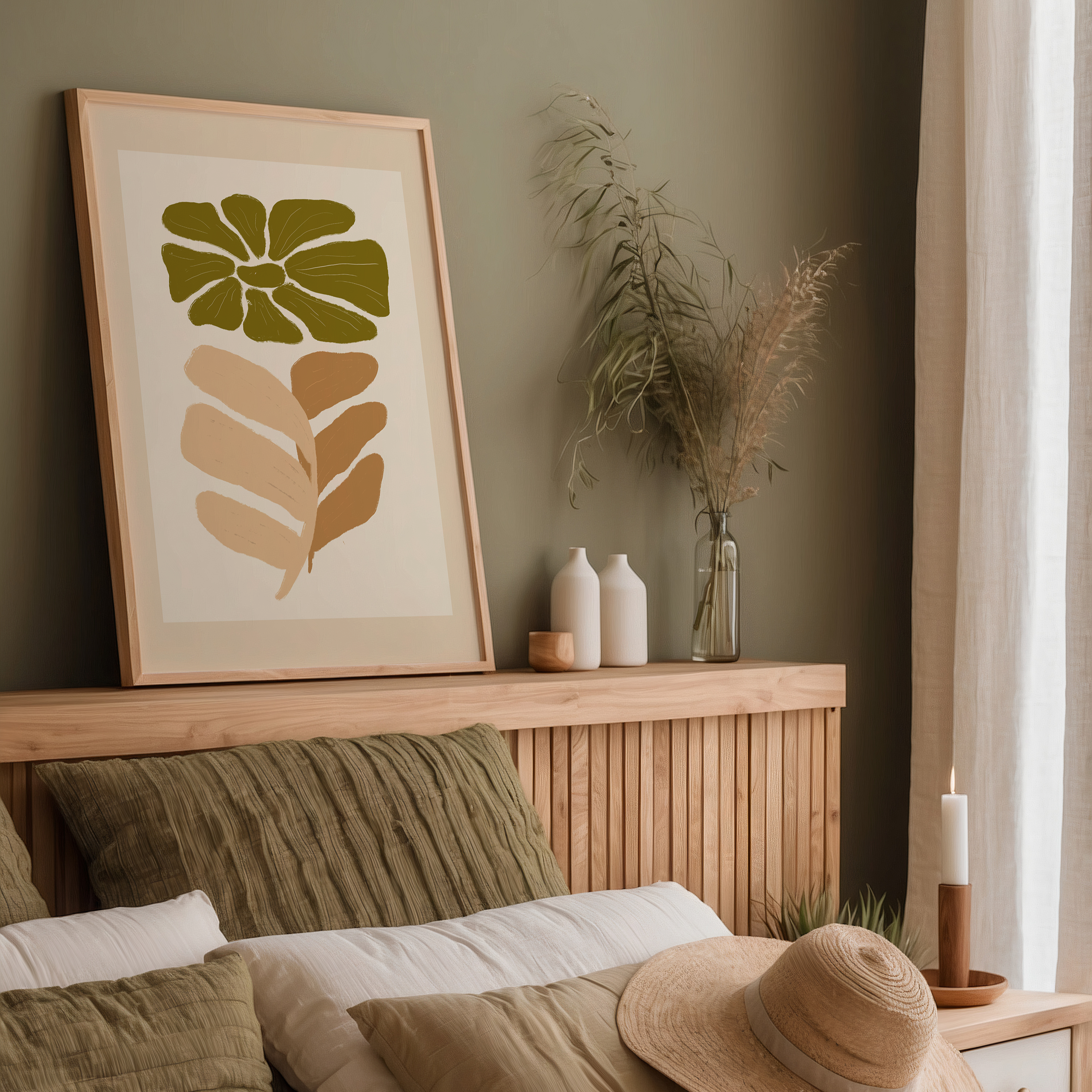 Bohemian floral poster met beige, bruin, groen, blauw en taupe tinten, moderne botanische wanddecoratie in boho stijl voor een luchtig interieur.