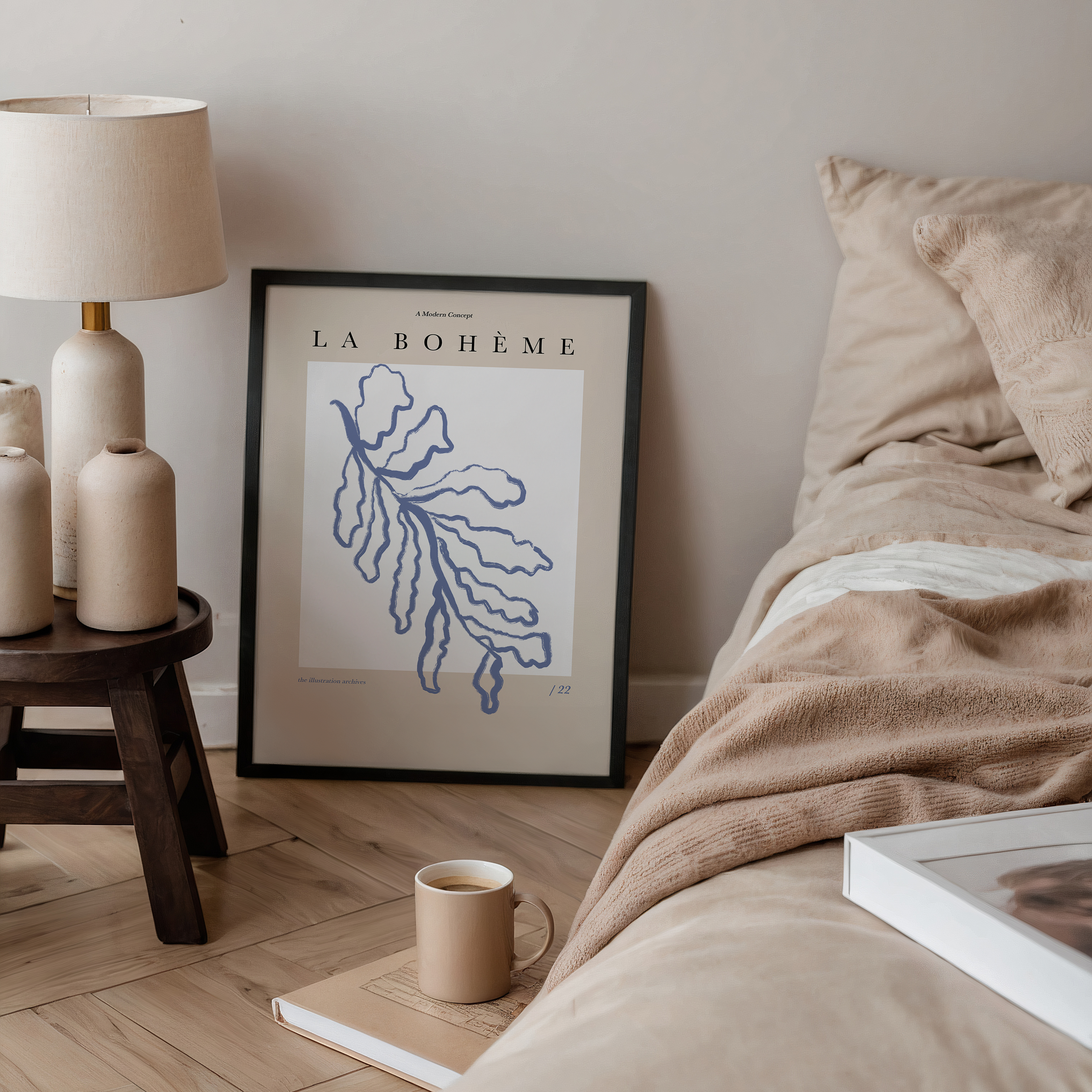 Bohemian poster met beige, wit en blauw, moderne wanddecoratie met bladeren in boho stijl voor een frisse en luchtige uitstraling.