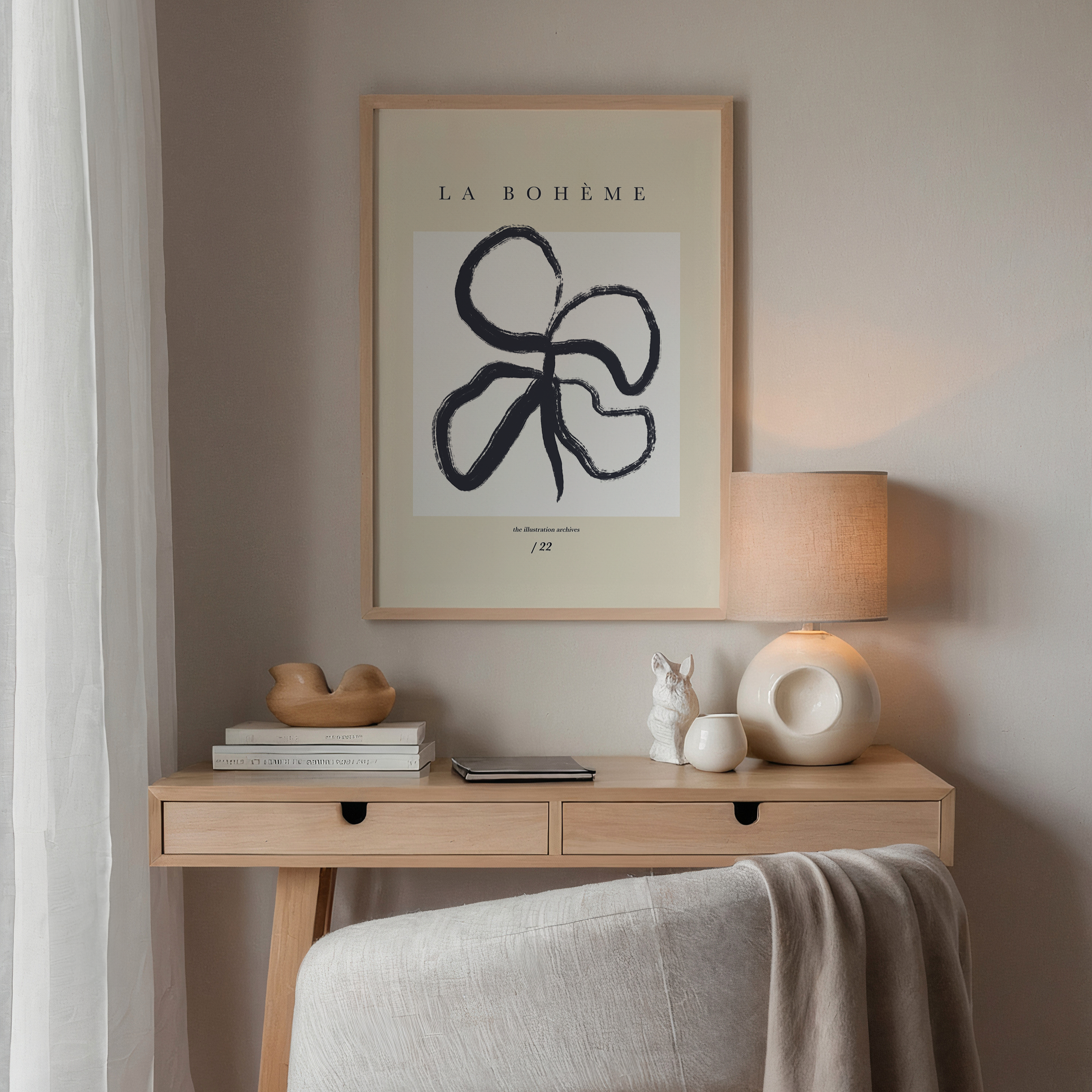 Bohemian poster in beige, wit en zwart met natuurlijke vormen, minimalistische boho wanddecoratie voor een rustige en speelse uitstraling.