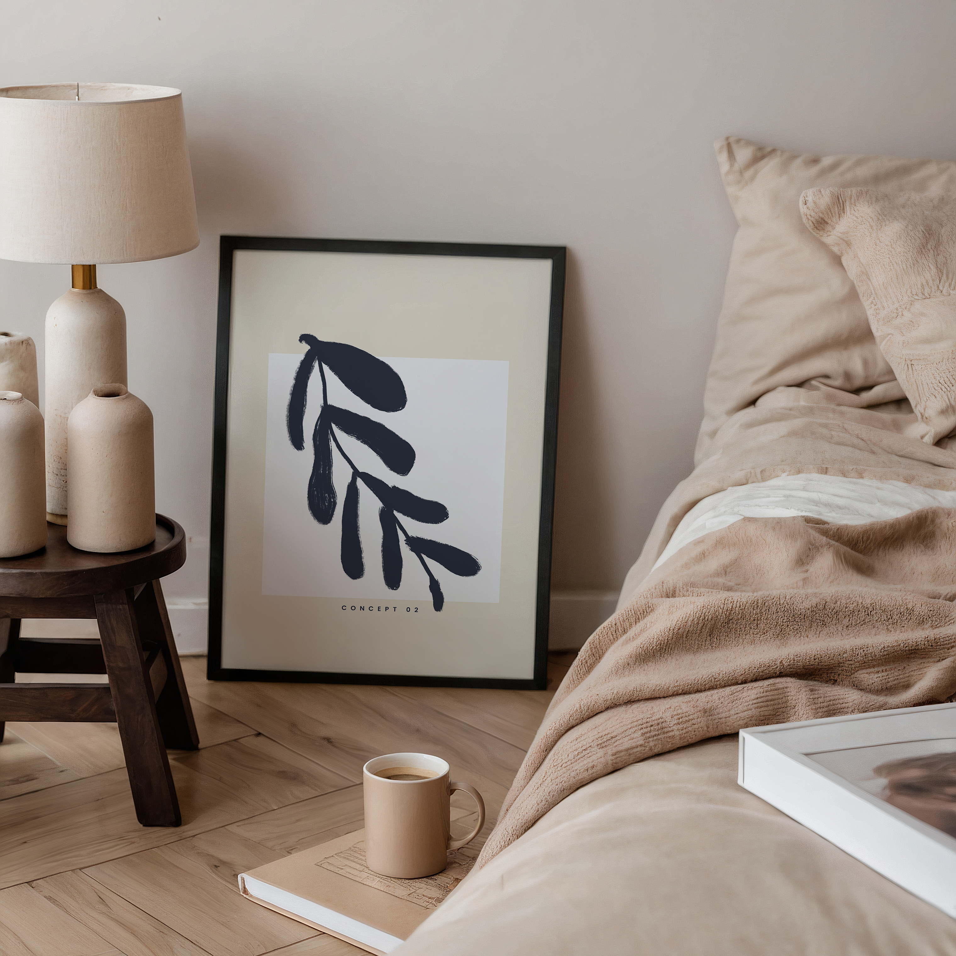 Bohemian poster in beige, wit en zwart met natuurlijke vormen en florale elementen, moderne boho wanddecoratie met speelse en luchtige uitstraling.