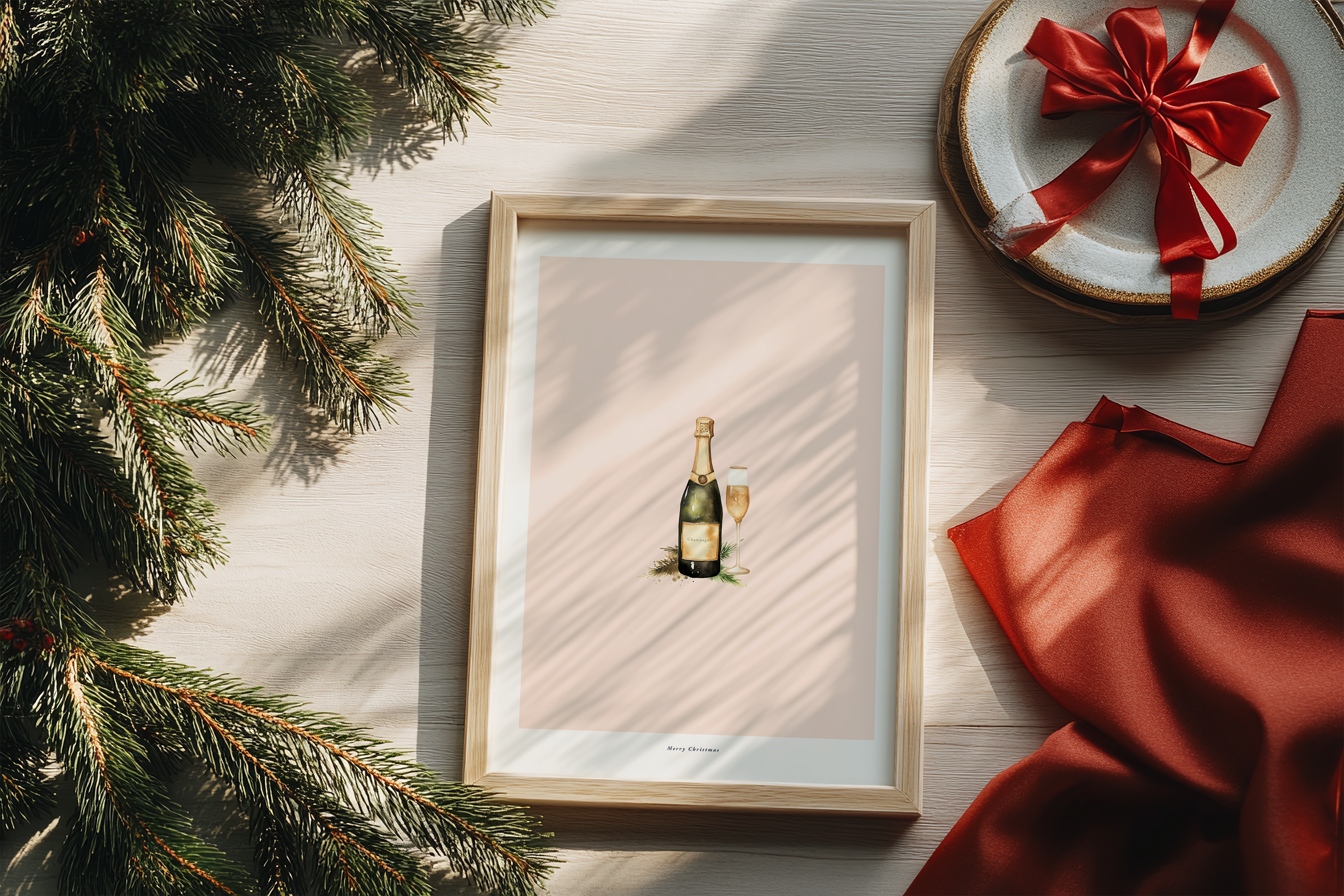 Cute Christmas Vibes, pinetree, Minimalistische poster met een champagnefles en een glas champagne, versierd met kerstgroen. Aquarel illustratie op een zachtroze achtergrond, ideaal voor barhoek decoratie.