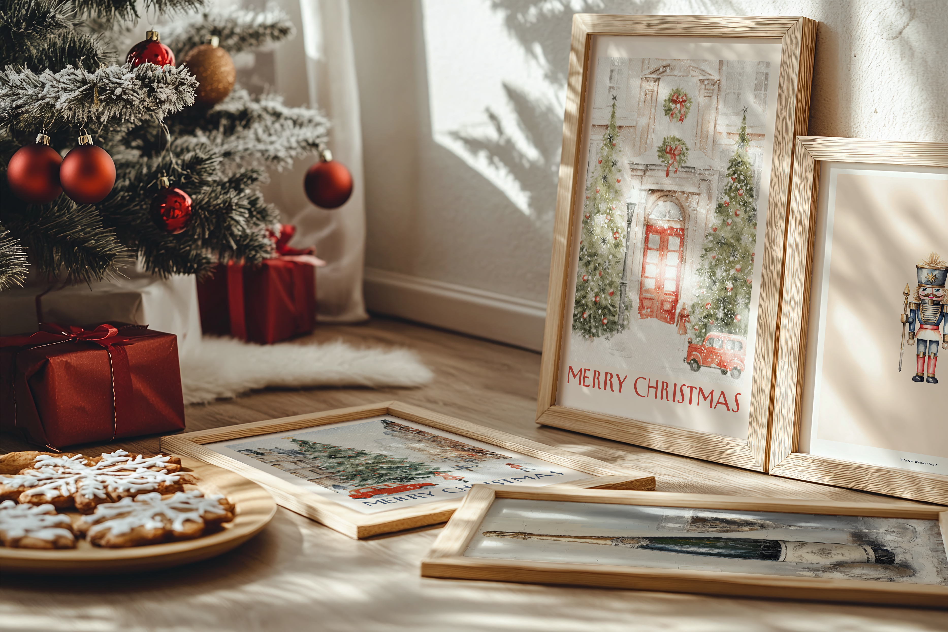 Christmas Vibes, Aquarel poster van een rode voordeur met kerstkrans en twee besneeuwde kerstbomen. Nostalgische en traditionele kerstmuurkunst met een rode vintage auto.