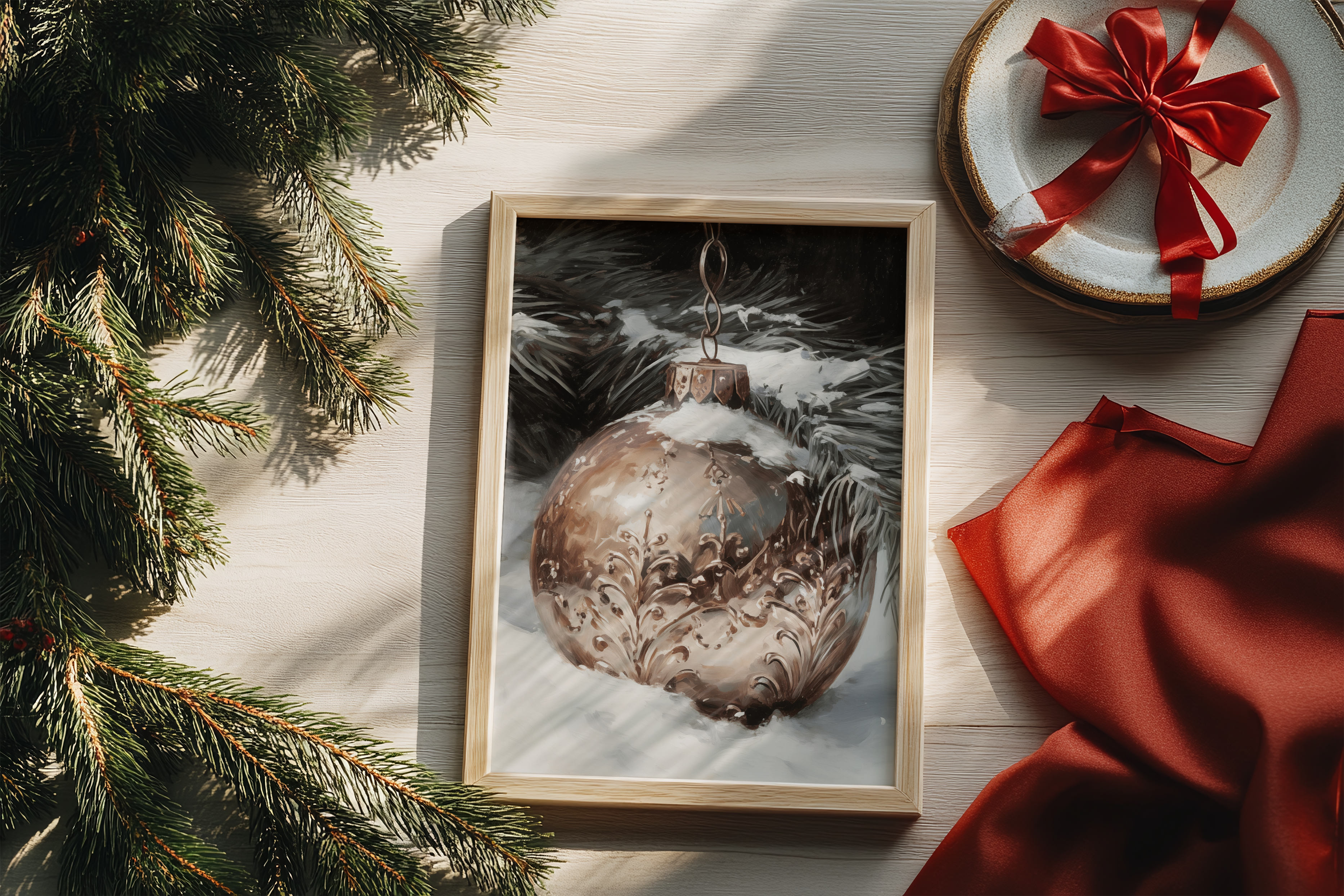 Christmas vibes, Schilderachtige poster van een grote, gouden/bronskleurige antieke kerstbal met barokke decoraties, liggend in de sneeuw onder een dennentak. Vintage kerstdecoratie.