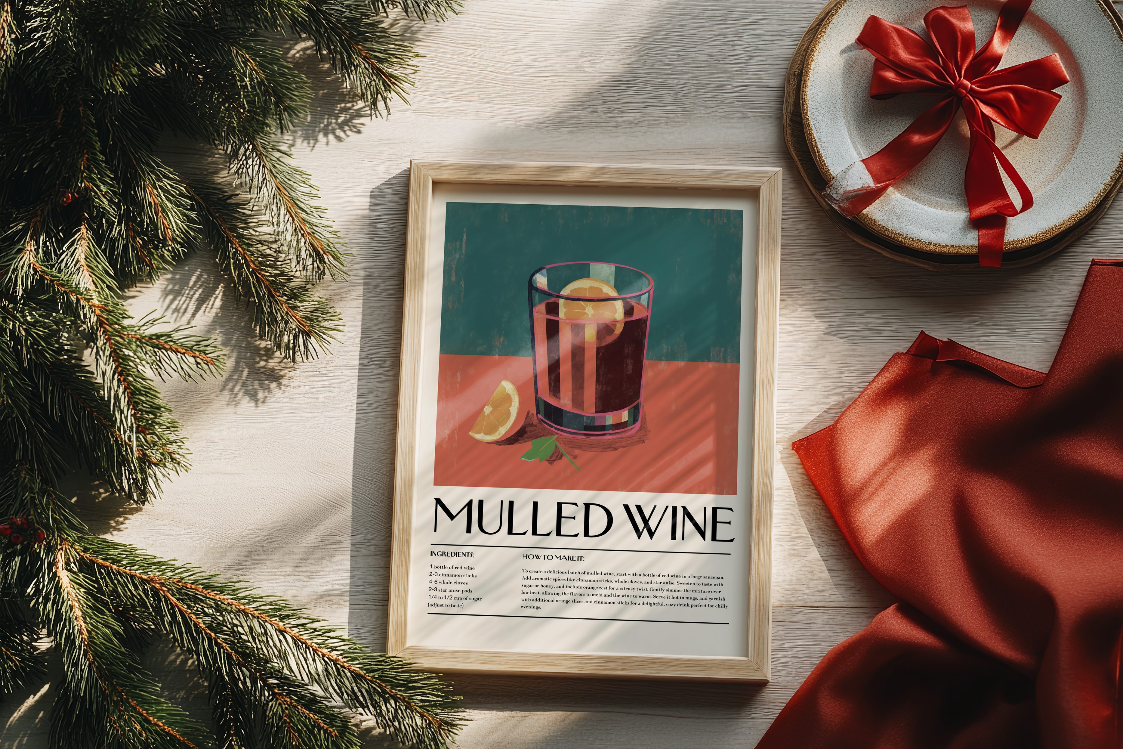 Kerstsfeer poster dennenaalden, Grafische poster met een retro illustratie van een glas Glühwein (Mulled Wine) en het volledige recept. Stijlvolle culinaire kunst voor de keuken of bar in een modern kleurblokontwerp.