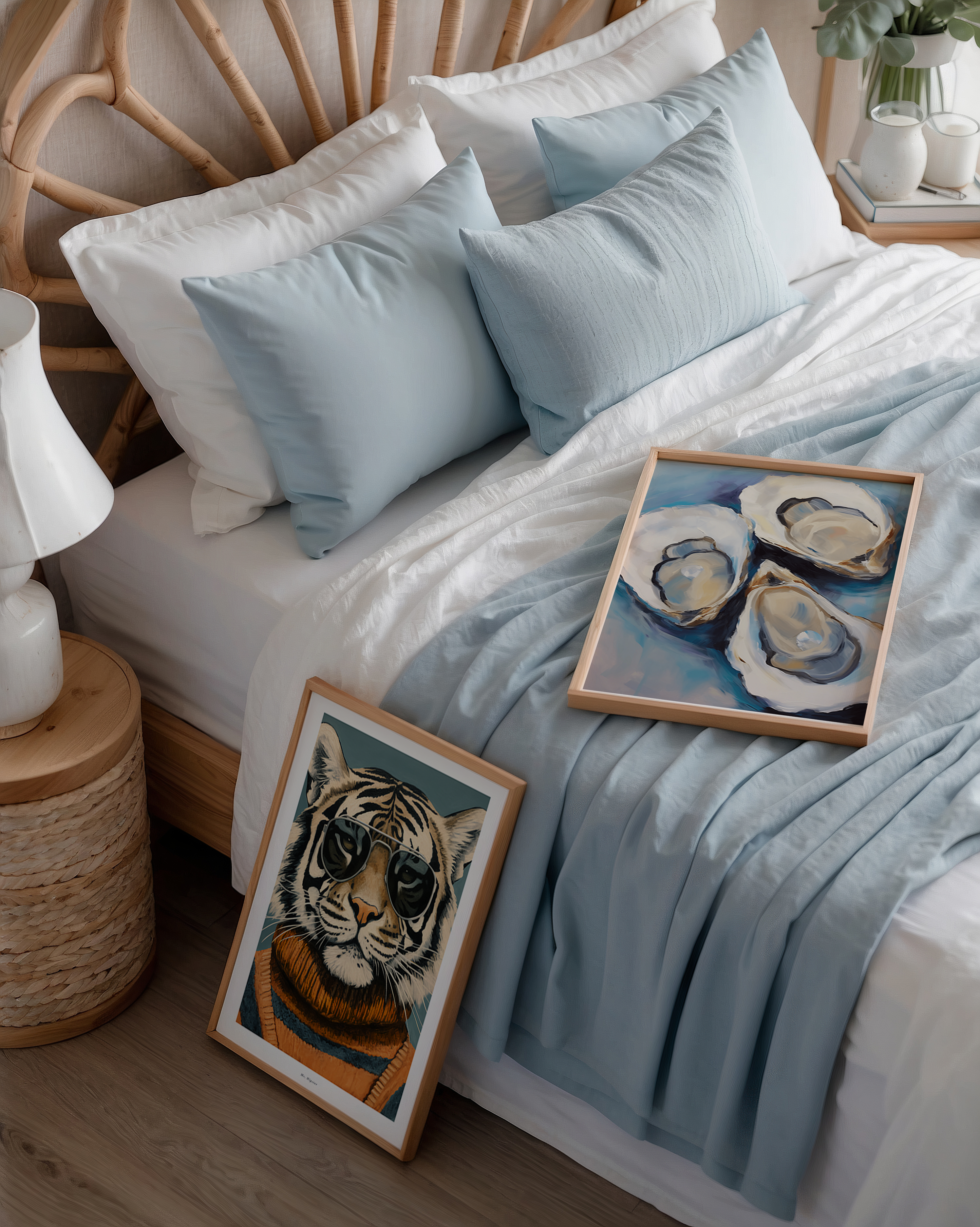 Schilderij poster van drie verse oesters op een blauwe achtergrond. Maritieme kunst en culinaire decoratie & Grappige tijger met zonnebril en oranje coltrui poster. Hipster dierenportret voor een eclectisch interieur.