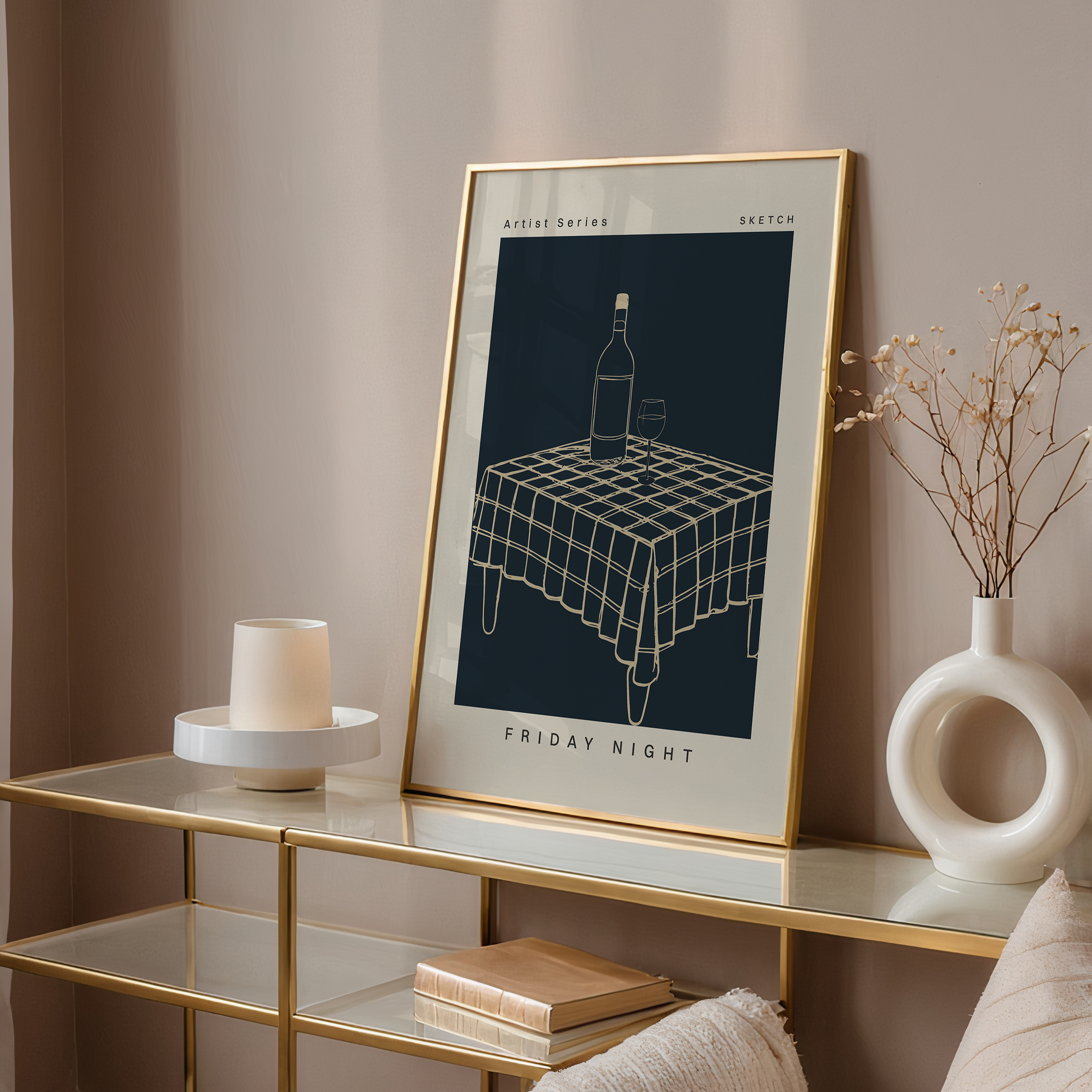 Grafische poster met tafel, wijn en de tekst “friday night” in donkerblauw en beige, moderne wanddecoratie voor wijnliefhebbers.