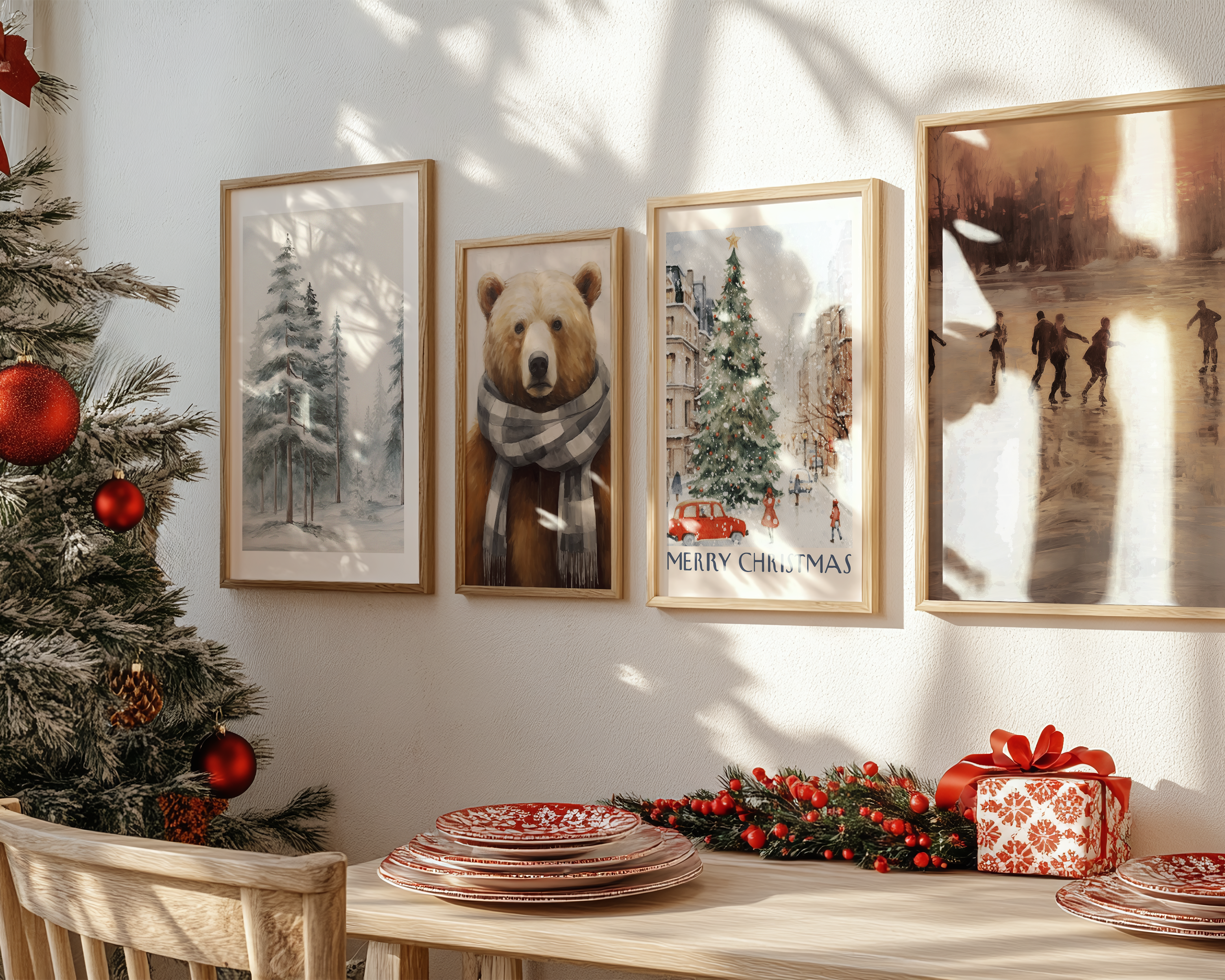 Gezellige kerst vibe posters. Example Winter cozy bear Snowy Pinetree Sunset iceskating Merry Christmas Vibes