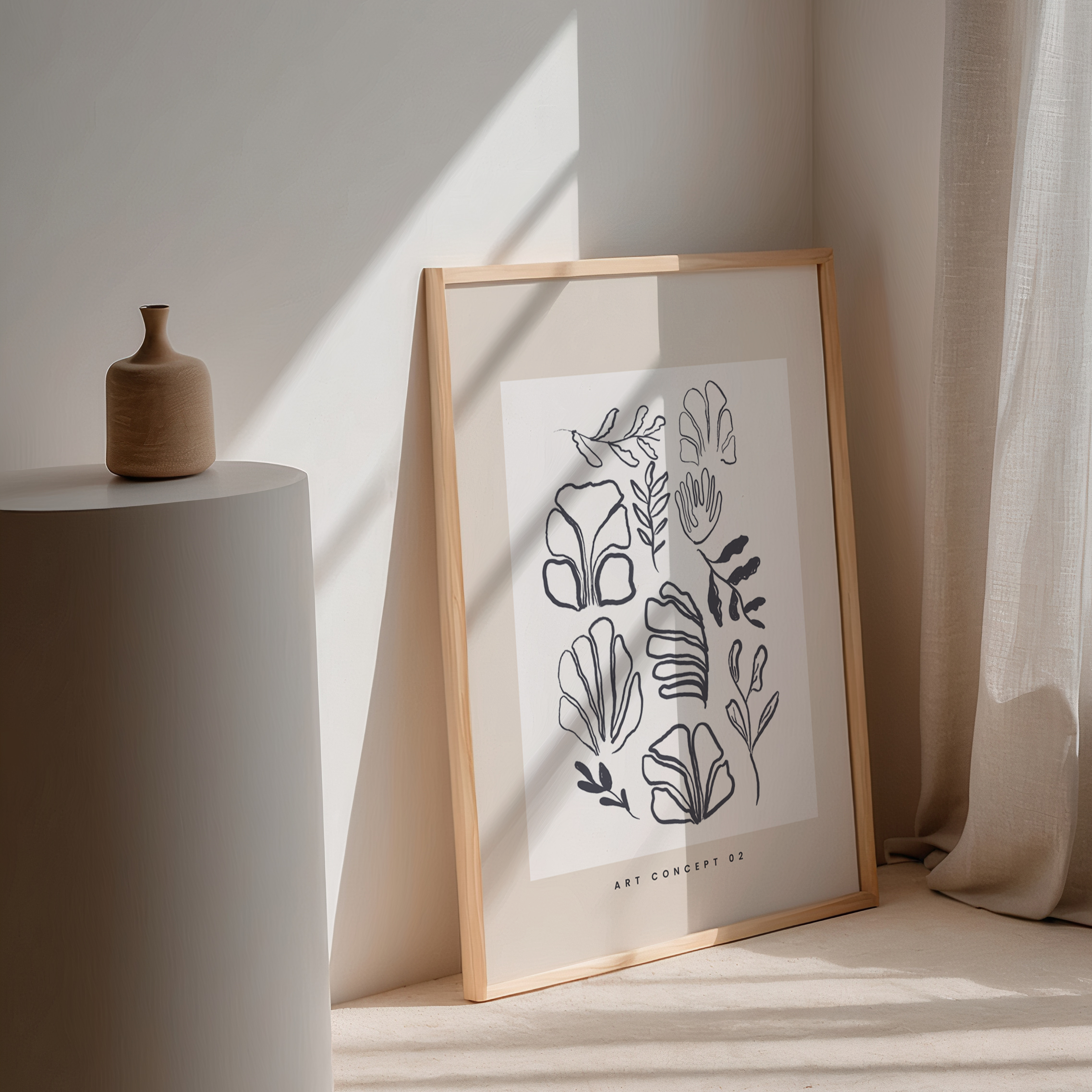 Bohemian poster in beige, wit en zwart met natuurlijke elementen, minimalistische wanddecoratie met speelse boho-uitstraling.