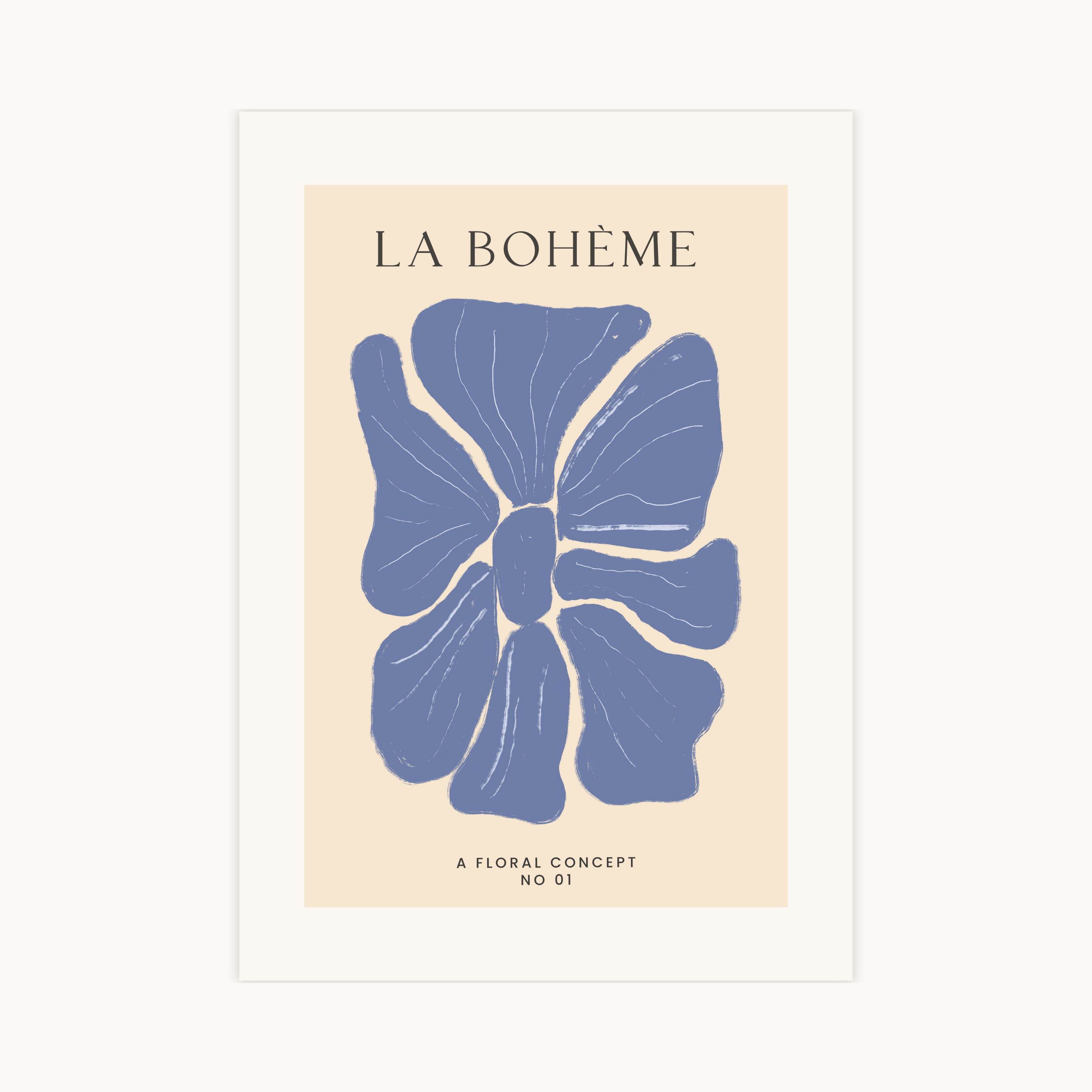 Bohemian Floral poster met beige, wit en blauwe bloemen in moderne stijl – speelse wanddecoratie voor een luchtige en gezellige sfeer