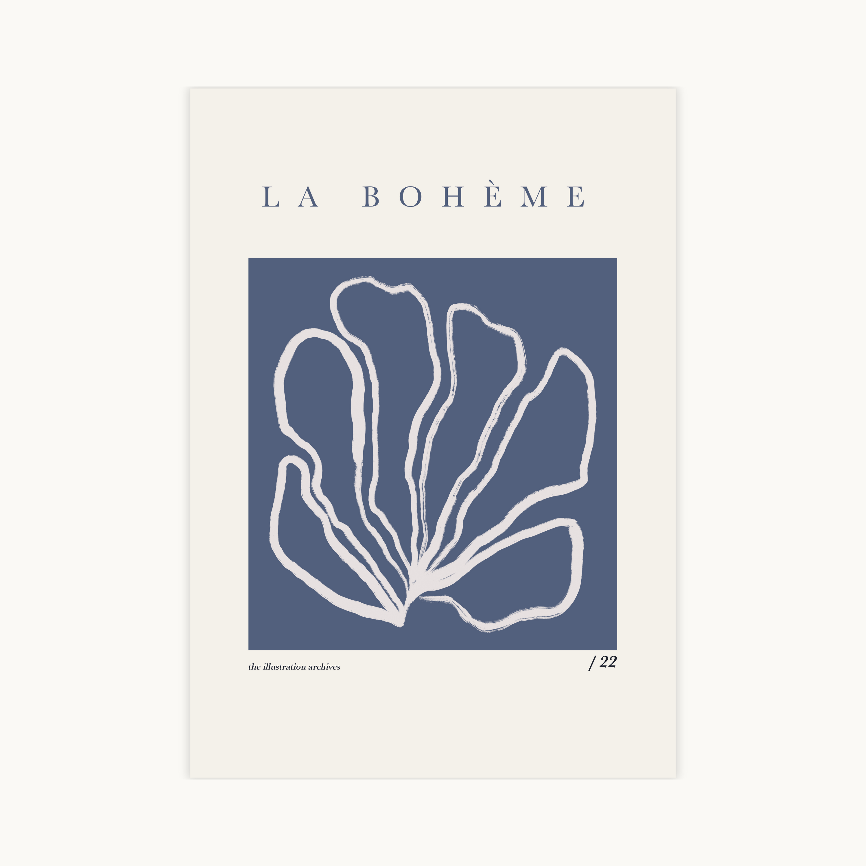 Bohemian poster met blauwe en beige bladeren, moderne wanddecoratie met frisse kleuren in boho stijl voor woonkamer of slaapkamer.