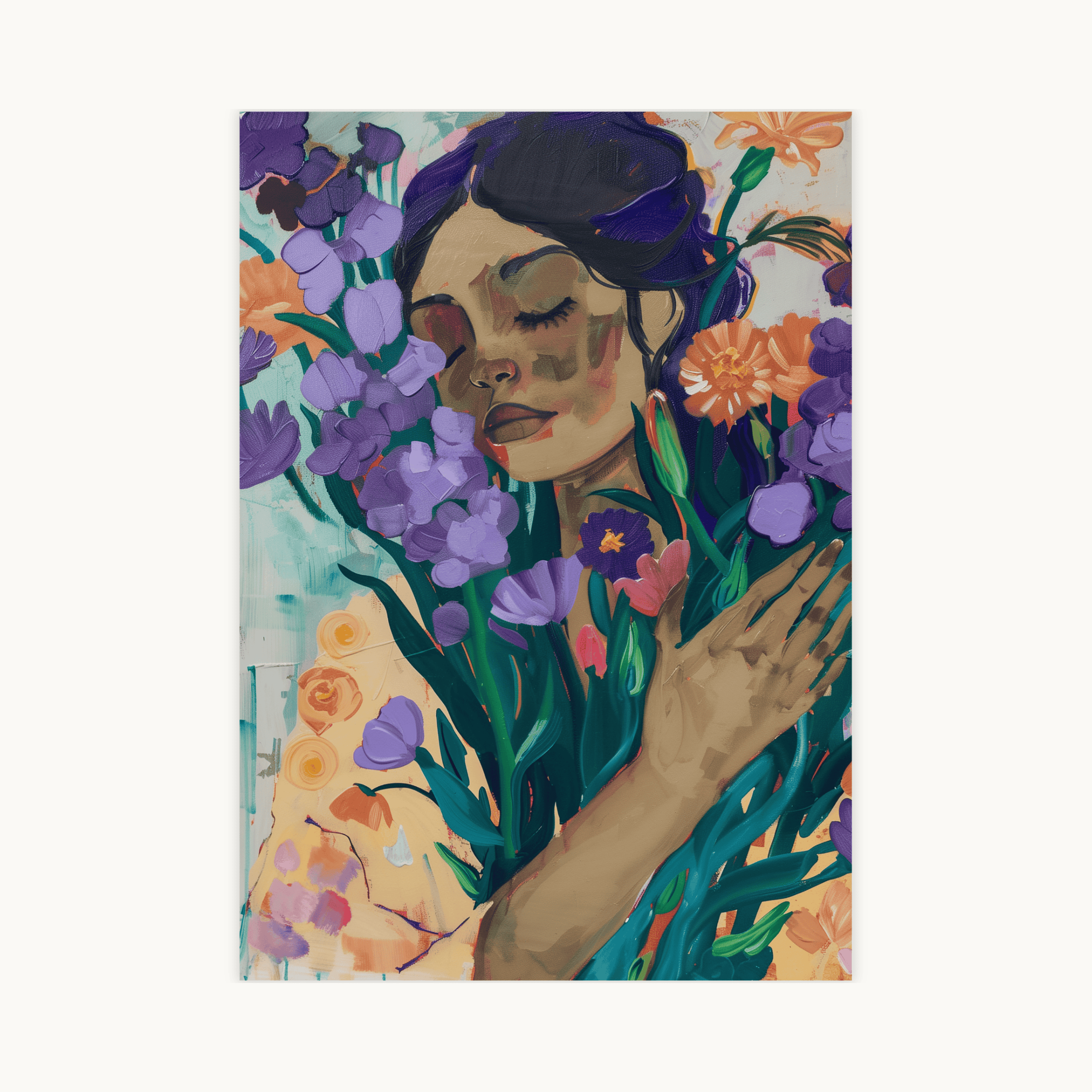 Portret poster vrouw met gesloten ogen omsloten door paarse en oranje bloemen, moderne feminiene kunst.