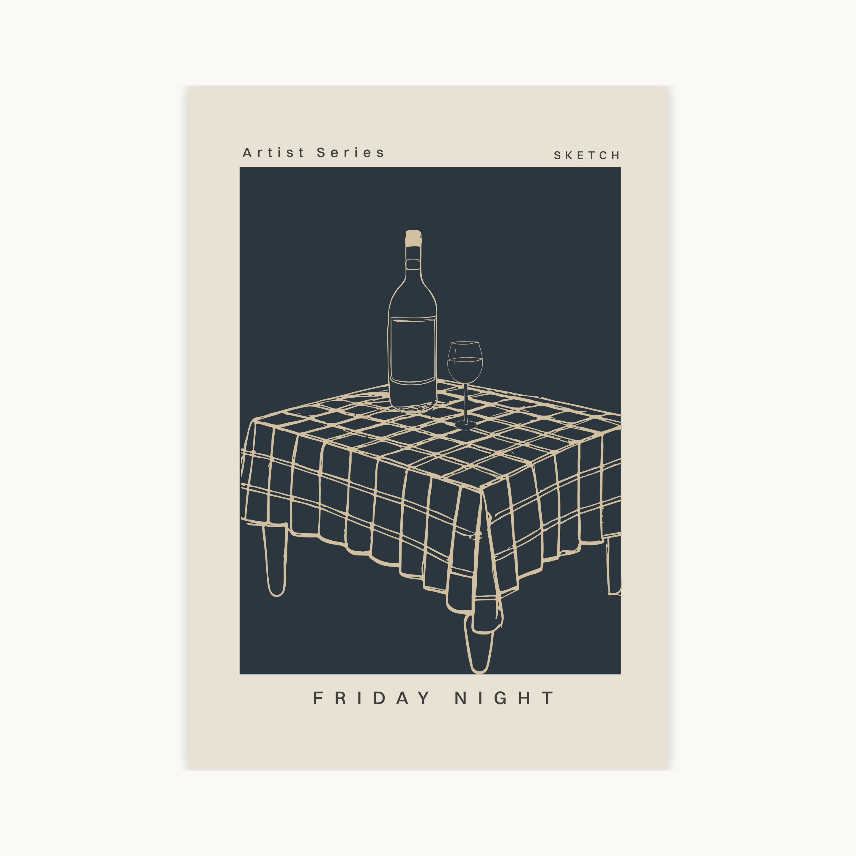 Grafische poster met tafel, wijn en de tekst “friday night” in donkerblauw en beige, moderne wanddecoratie voor wijnliefhebbers.