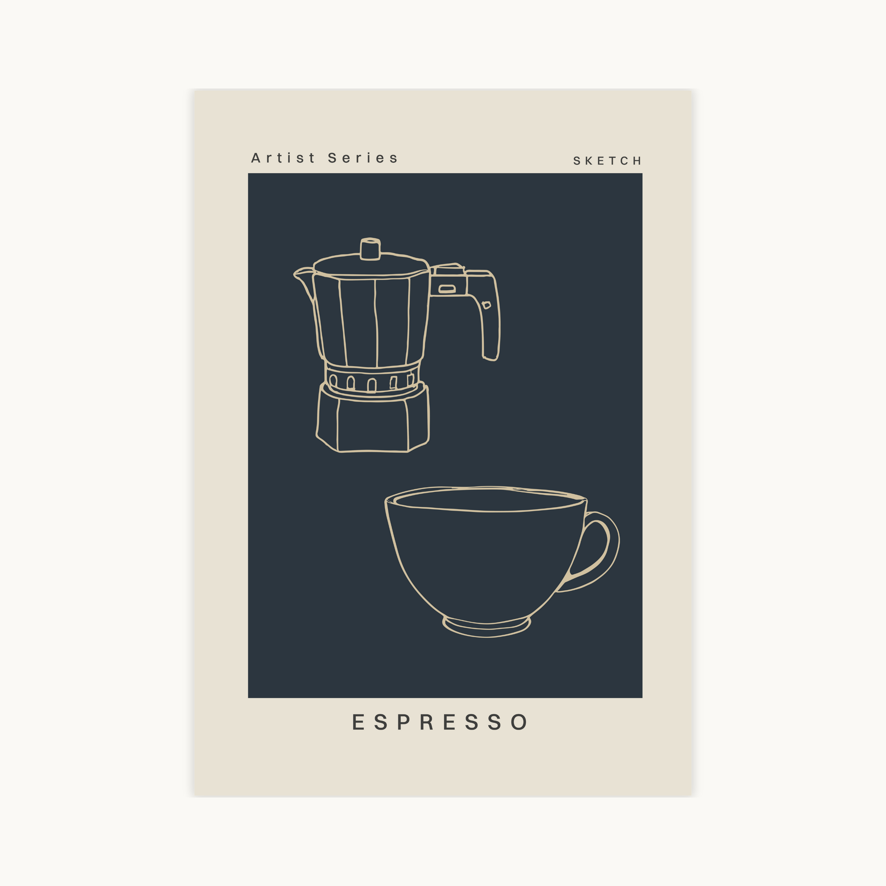 Grafische poster met espressopot en koffiekopje in donkerblauw en beige, moderne keukenwanddecoratie voor koffieliefhebbers.