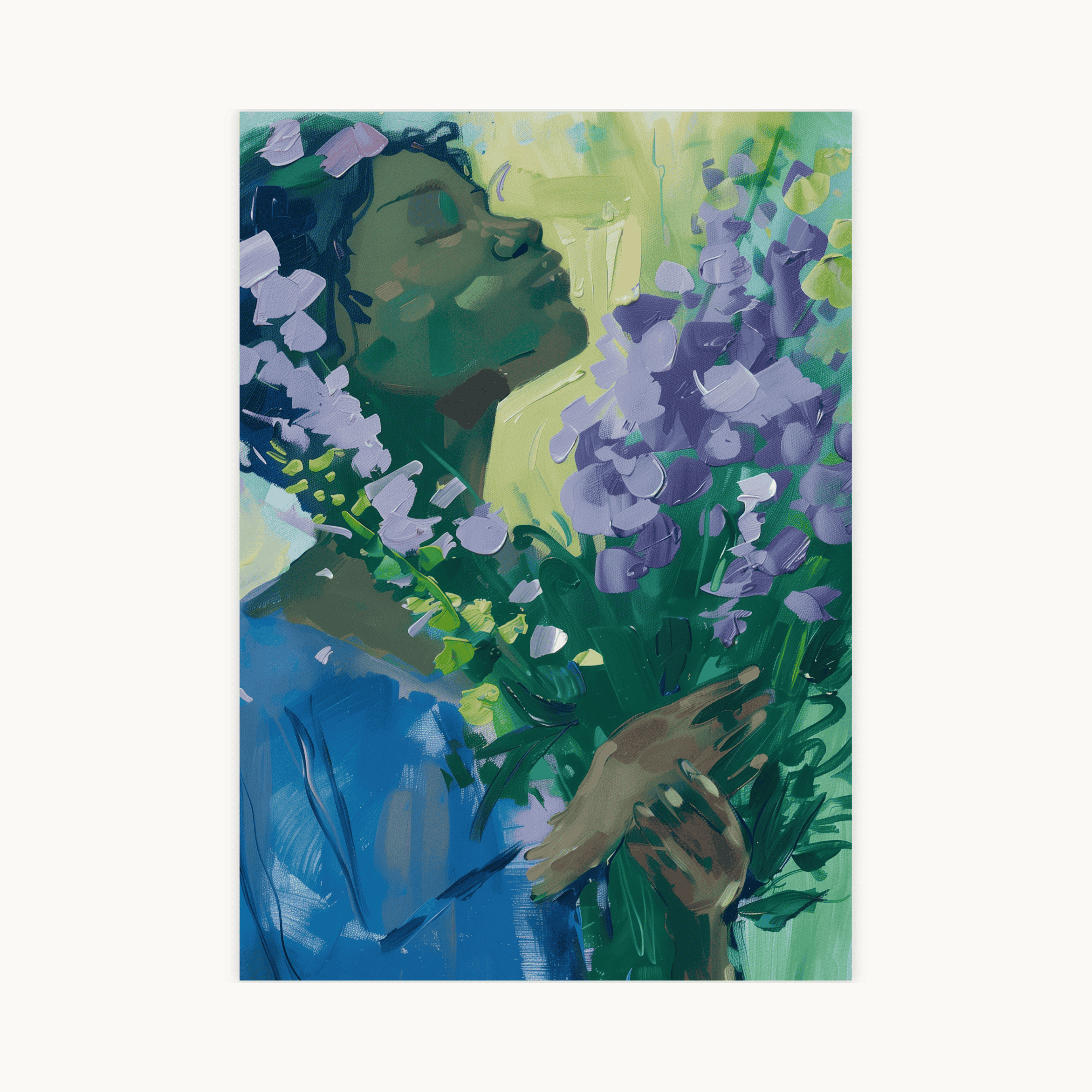 Abstracte poster vrouw ruikt lavendel bloemen boeket 21x30 cm blauw groen paars expressionistische kunstprint.