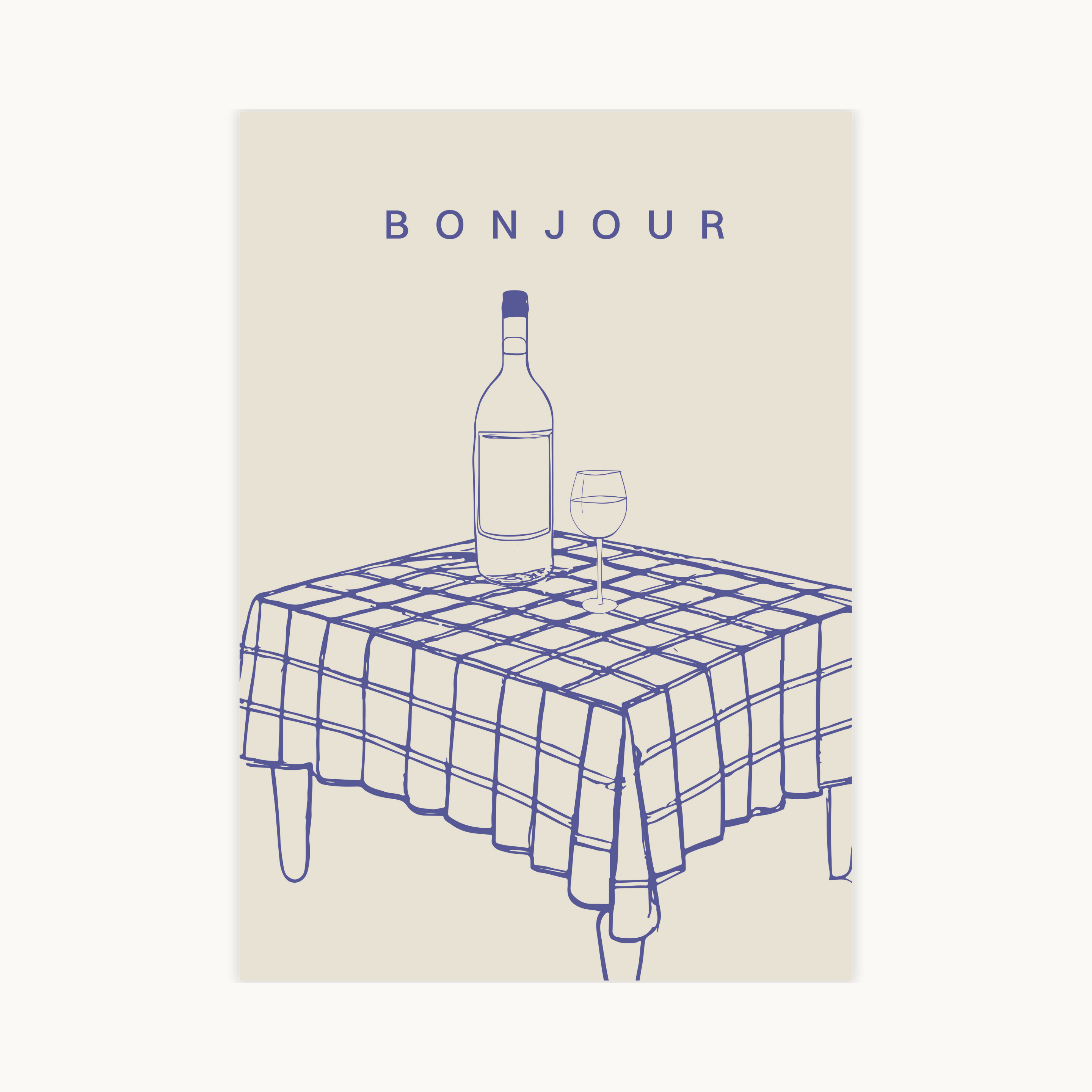 Grafische poster in beige met blauw, tafel met fles wijn en tekst ‘Bonjour’, Franse keukenwanddecoratie.