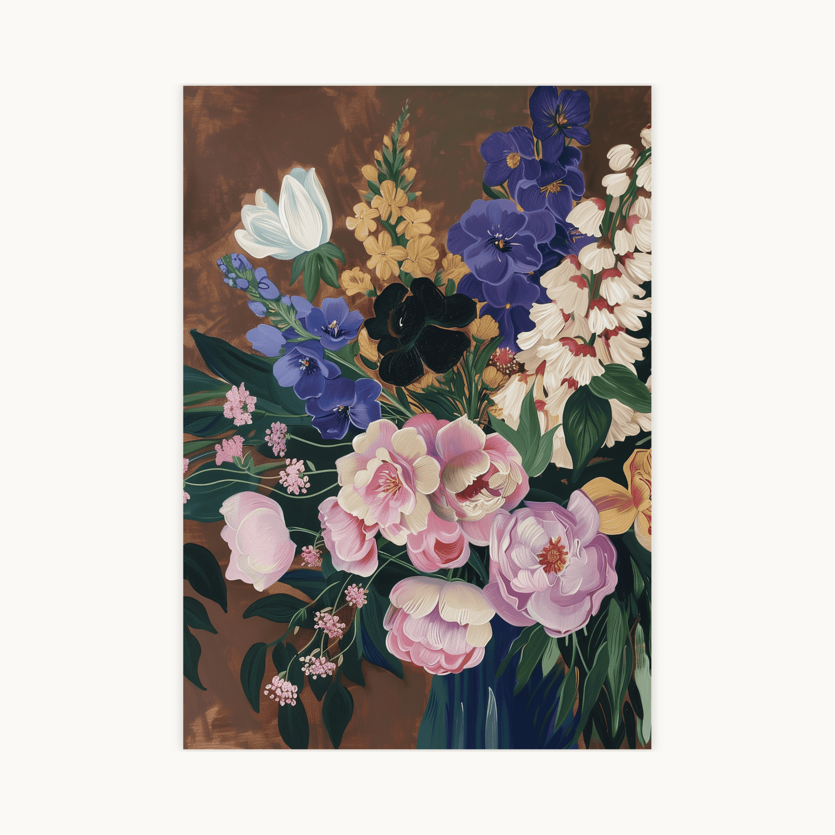 Abstracte bloemenposter 21x30 cm boeket pioenen viooltjes paars roze blauw bruin vintage kunstprint muurdecoratie.