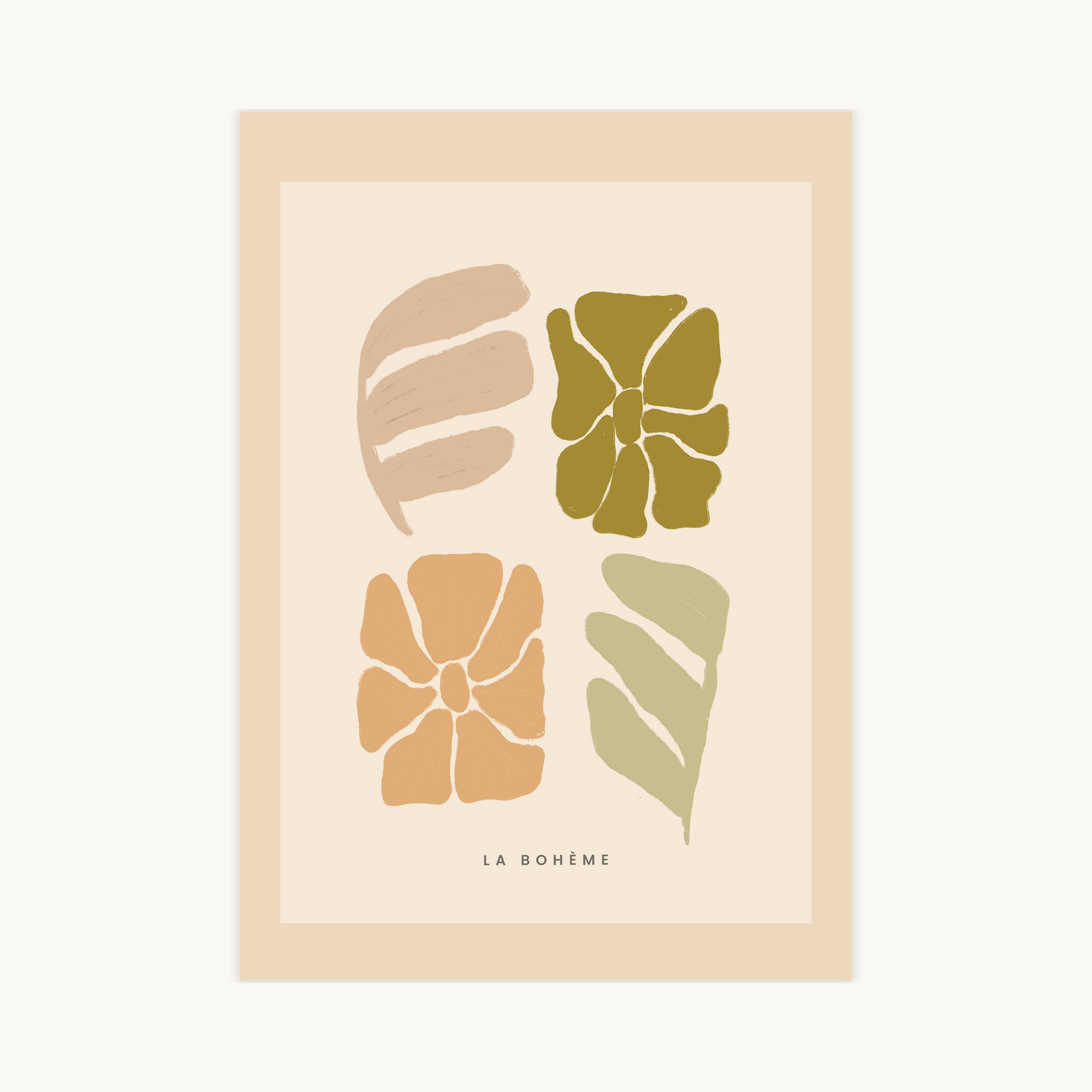 Bohemian floral poster met beige, bruin, oranje, groen en blauw, speelse moderne wanddecoratie in boho stijl voor een luchtig interieur.