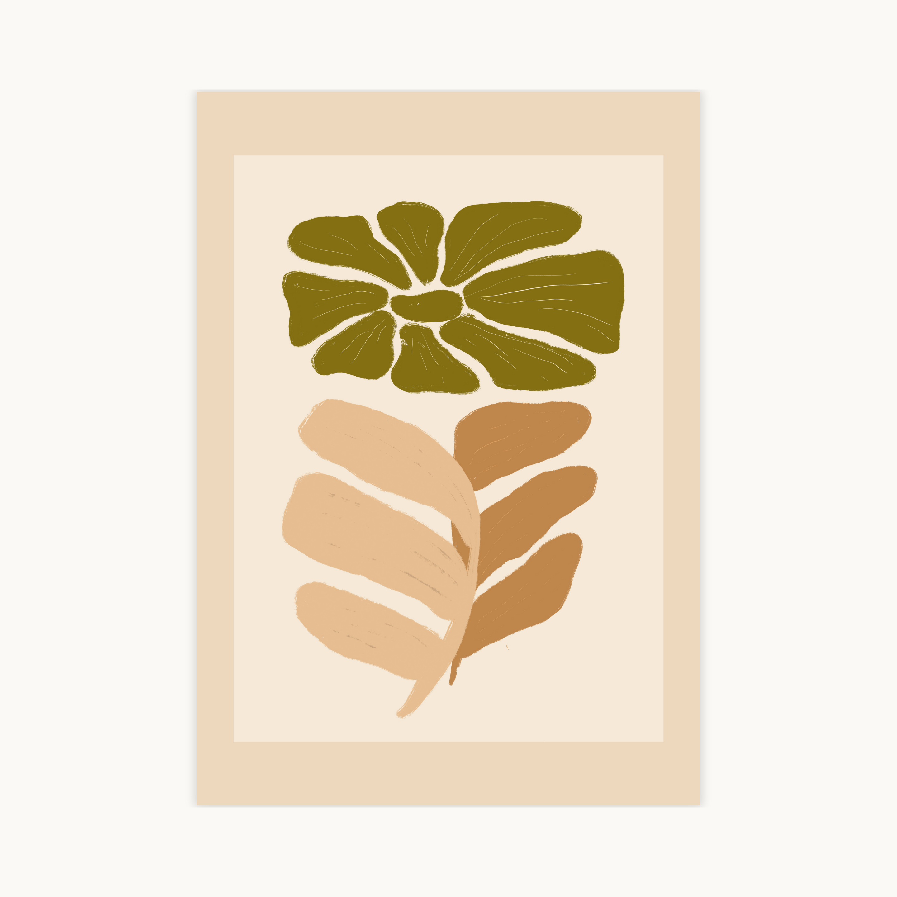 Bohemian floral poster met beige, bruin, groen, blauw en taupe tinten, moderne botanische wanddecoratie in boho stijl voor een luchtig interieur.