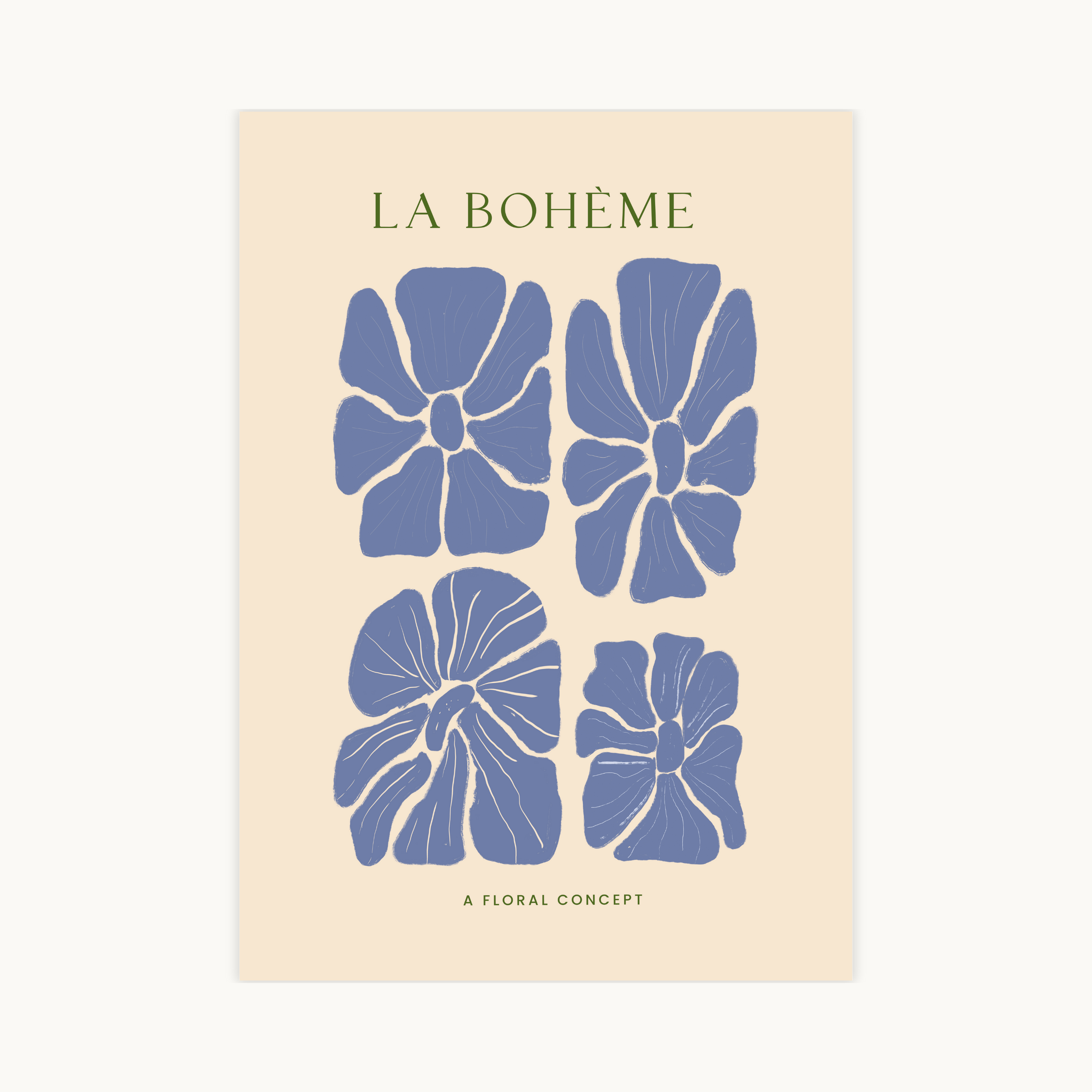 Bohemian Floral poster met beige, wit en blauwe bloemen in moderne stijl – speelse wanddecoratie voor een luchtige en gezellige sfeer