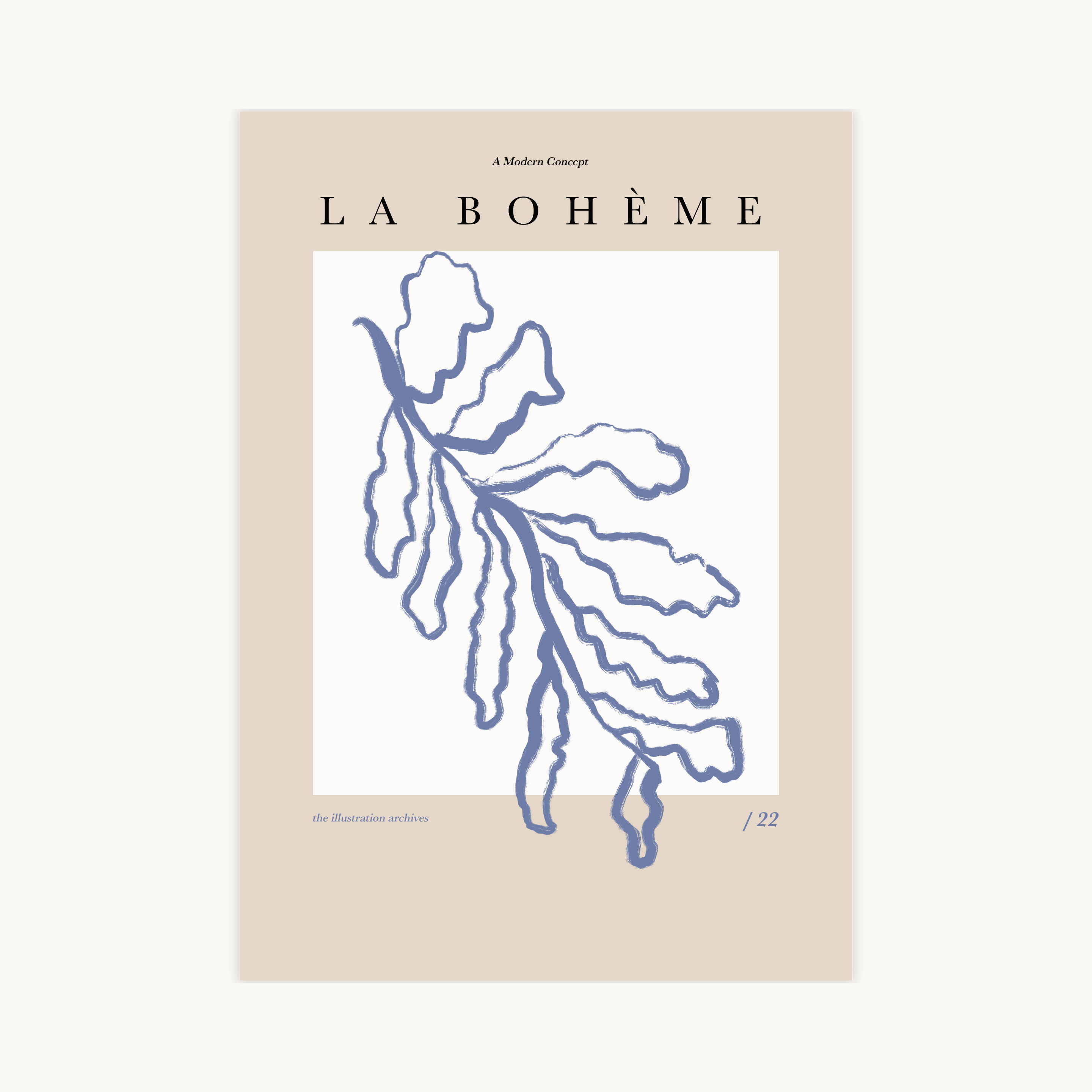 Bohemian poster met beige, wit en blauw, moderne wanddecoratie met bladeren in boho stijl voor een frisse en luchtige uitstraling.