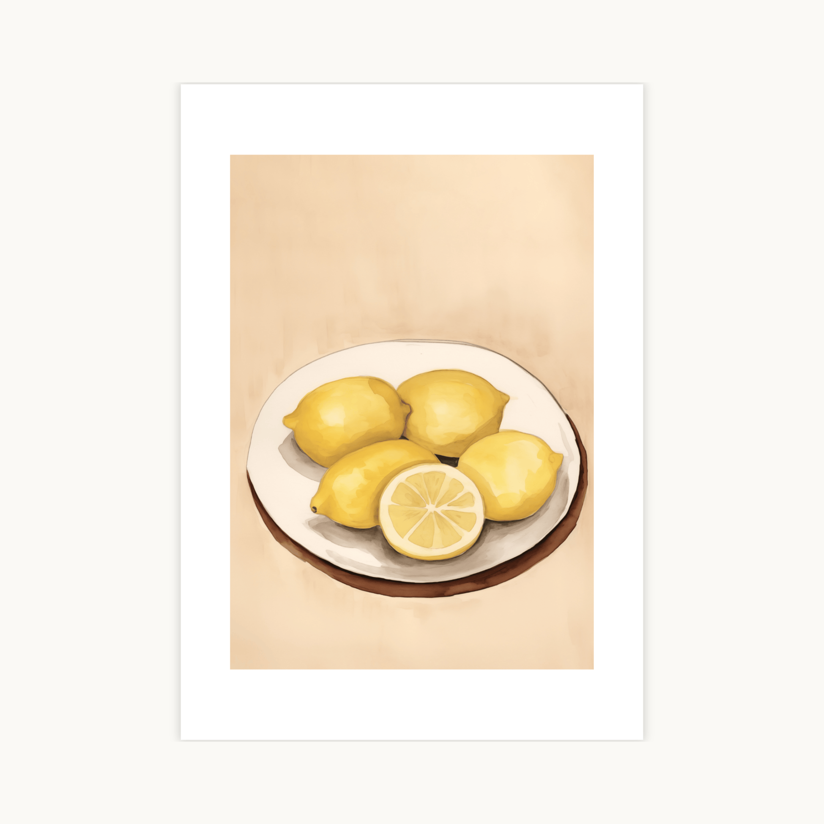 Beige illustratie van een bord met citroenen in zachte geel-witte tinten, minimalistische keukenposter met zomerse uitstraling.