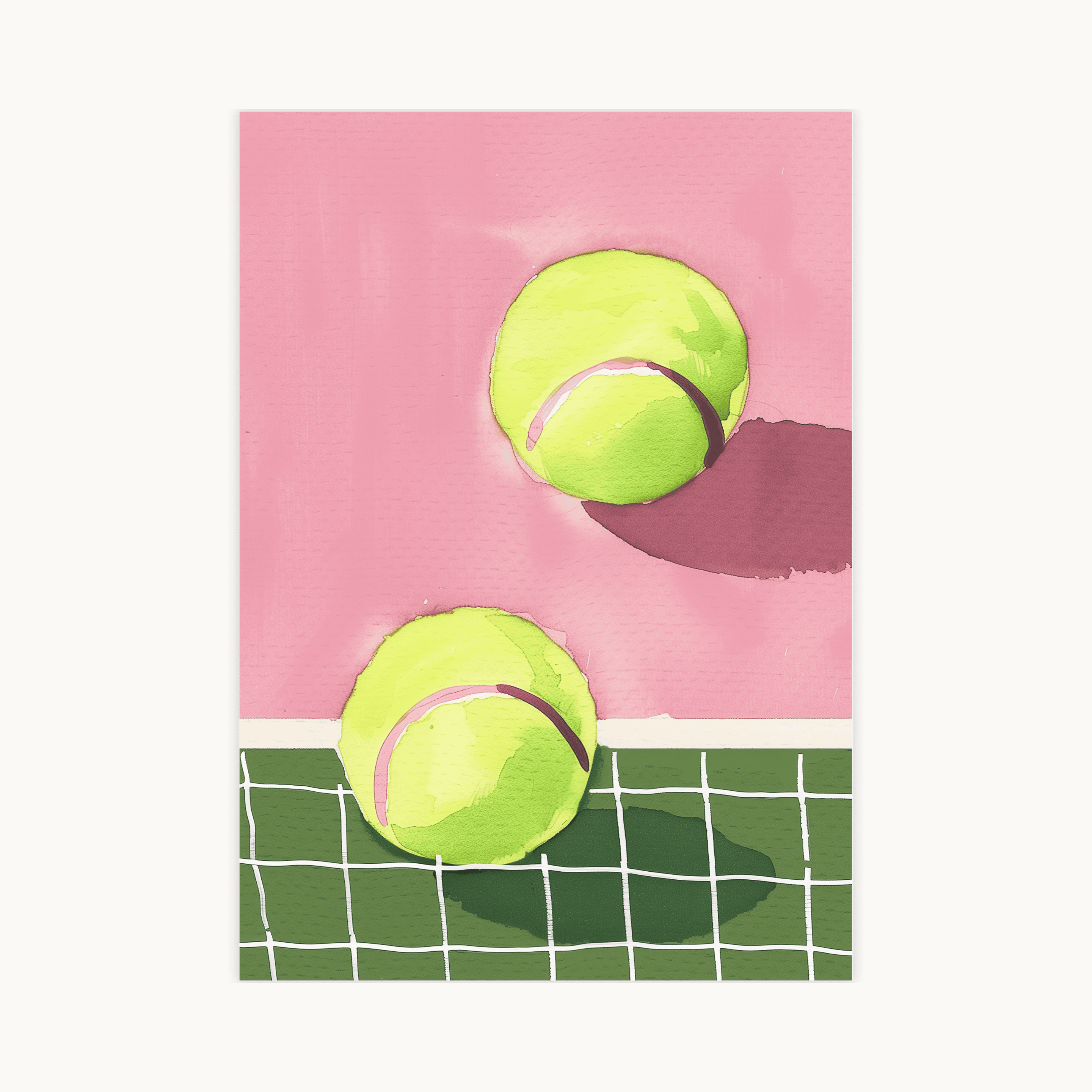 Tennis poster illustratie twee felgroene tennisballen op roze achtergrond en groen tennisnet, sportieve muurkunst.
