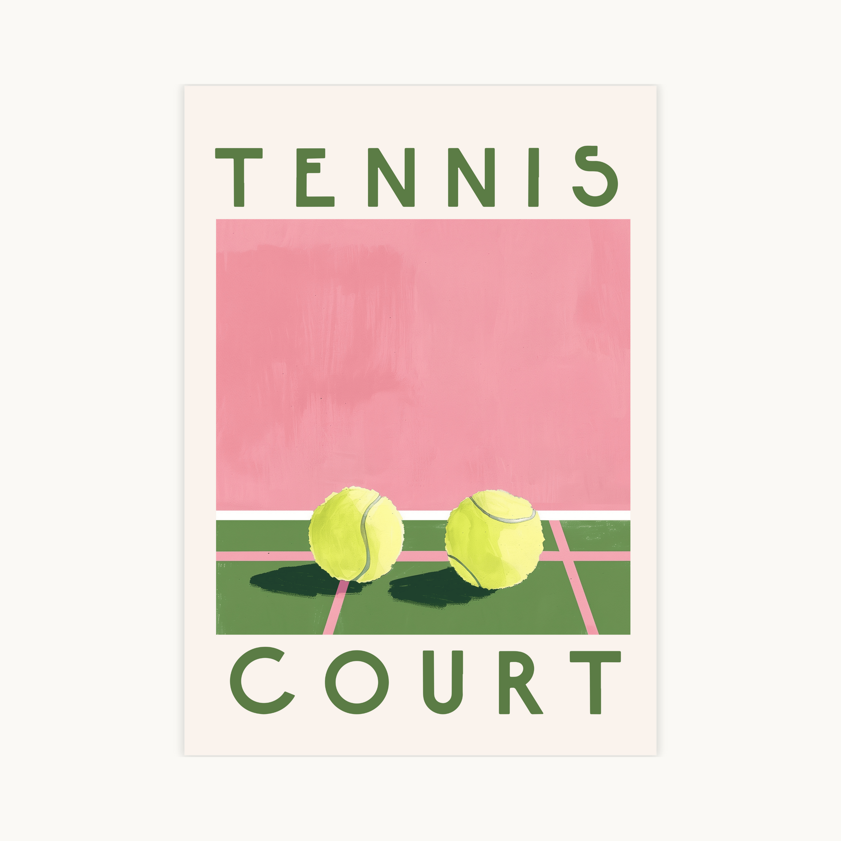 Poster met illustratie van een tennisbaan met twee tennisballen en de tekst 'Tennis Court', in groene en roze kleuren, sportieve wanddecoratie voor tennisliefhebbers.