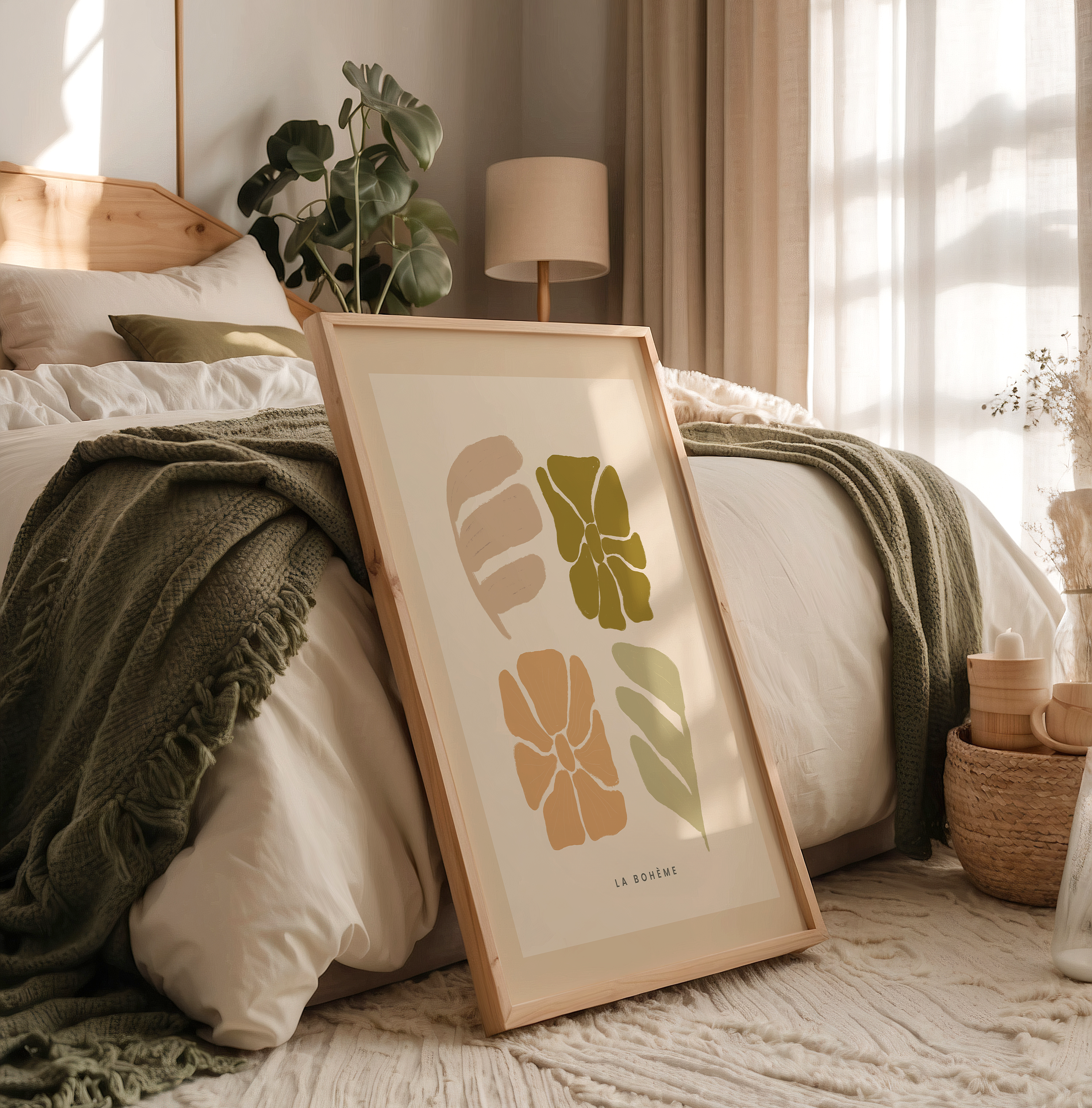 Bohemian floral poster met beige, bruin, oranje, groen en blauw, speelse moderne wanddecoratie in boho stijl voor een luchtig interieur.