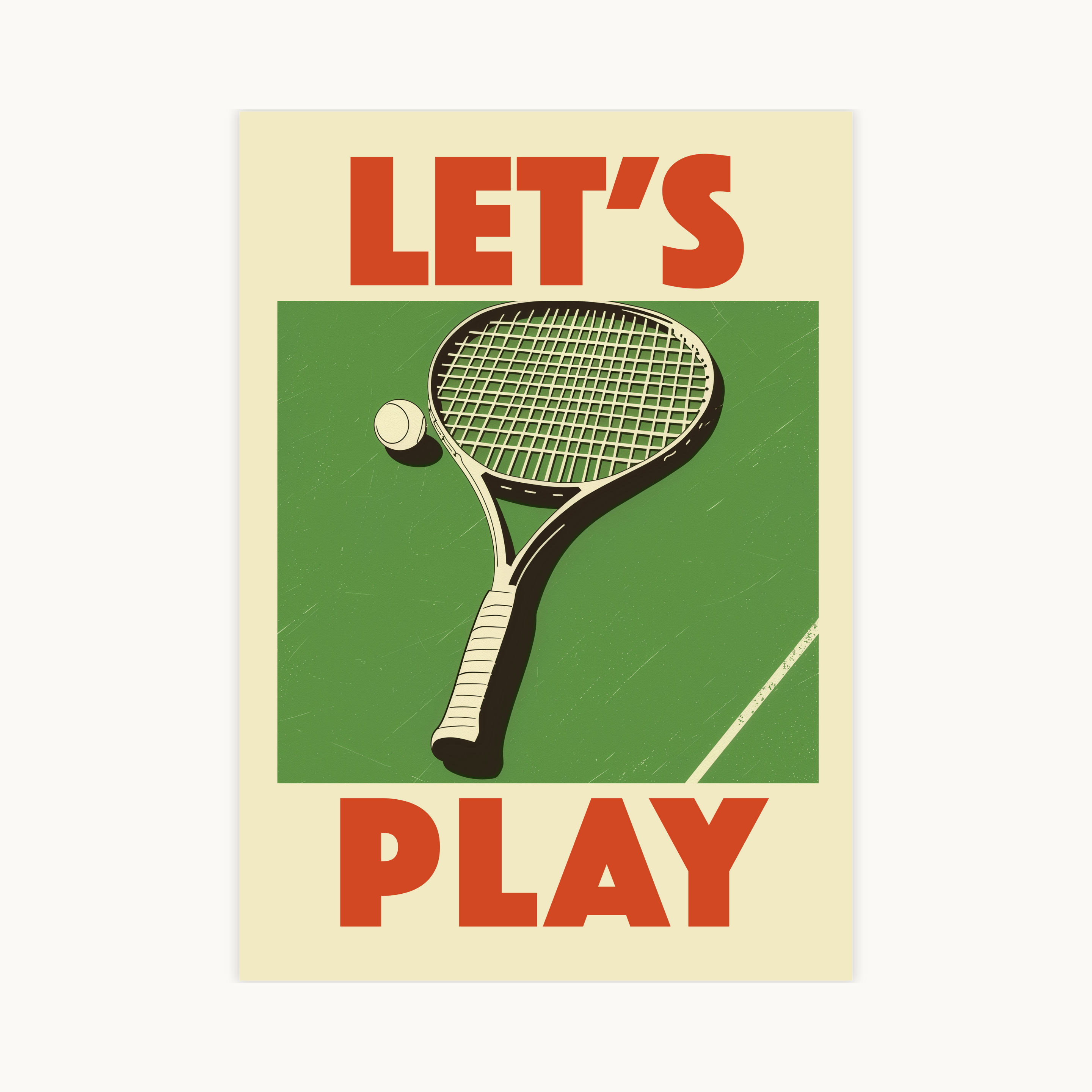 Vintage tennis poster 'Let's Play', retro sport art, mid-century modern design, tennisracket en bal, groen oranje wanddecoratie,fysieke poster