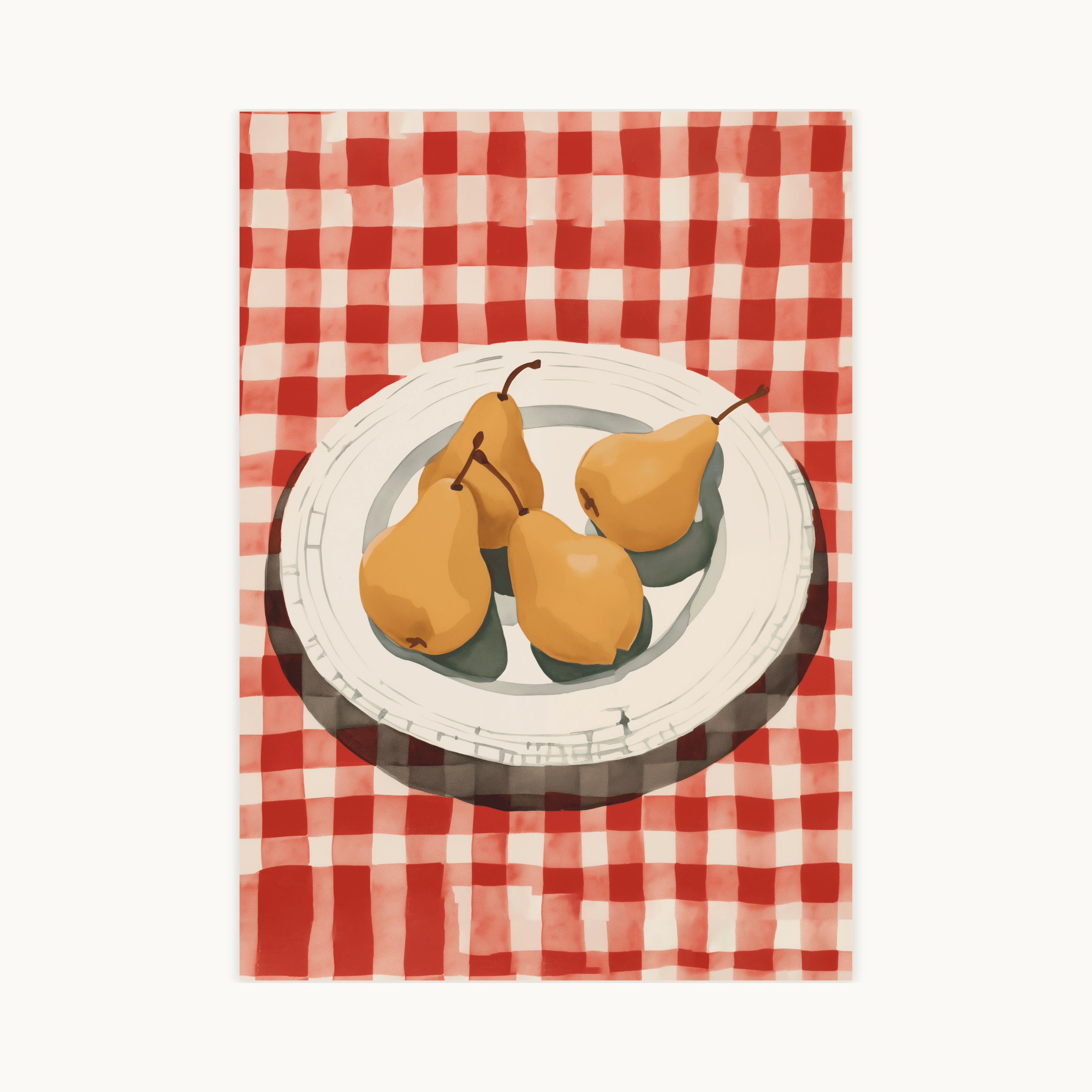 Rustieke kunstprint van vier gele peren op een wit bord, geplaatst op een rood en wit geblokt tafelkleed. Gezellige stilleven keuken decoratie.