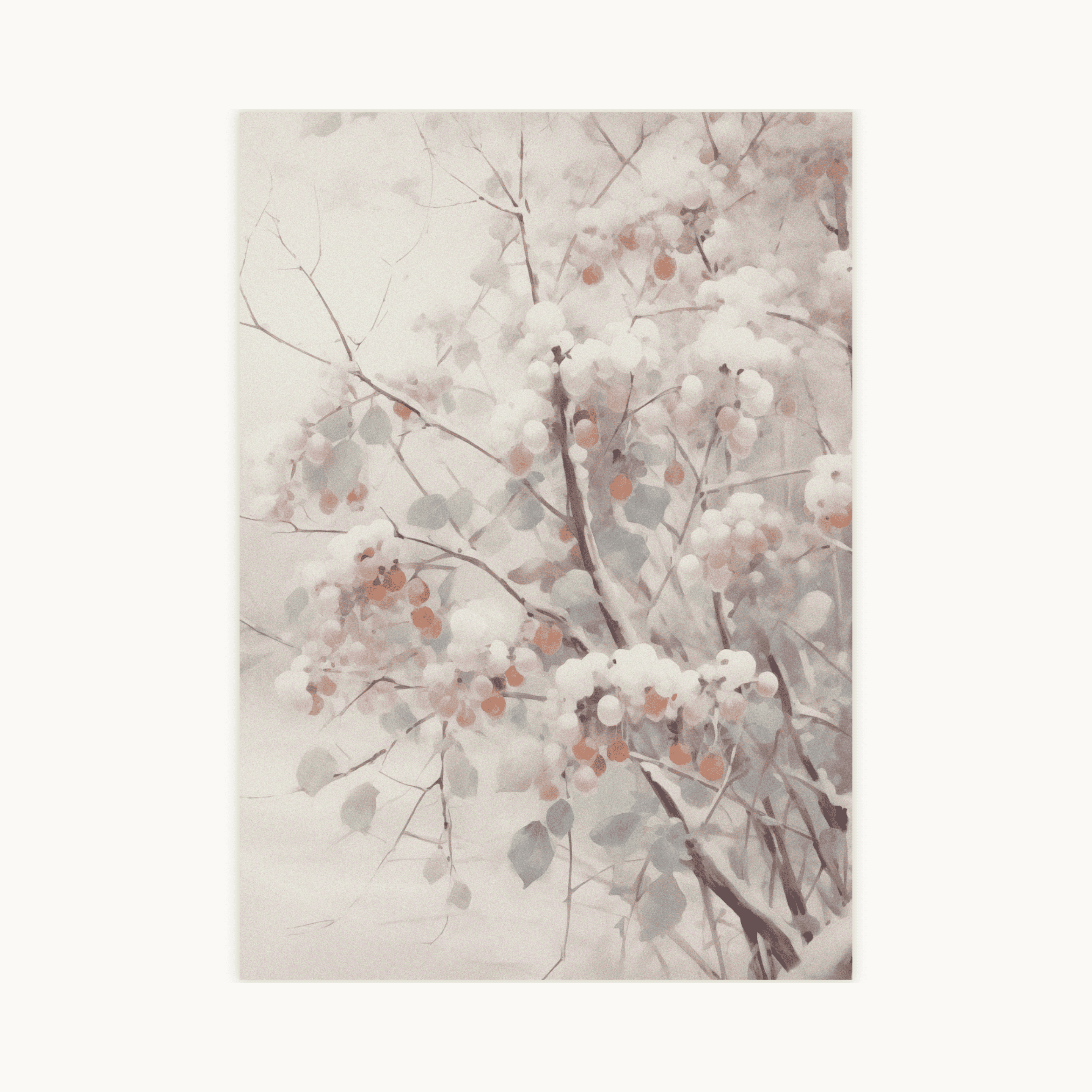Zachte aquarel poster van besneeuwde takken met oranjerode bessen in neutrale beige en grijstinten. Vintage, rustieke winterdecoratie.