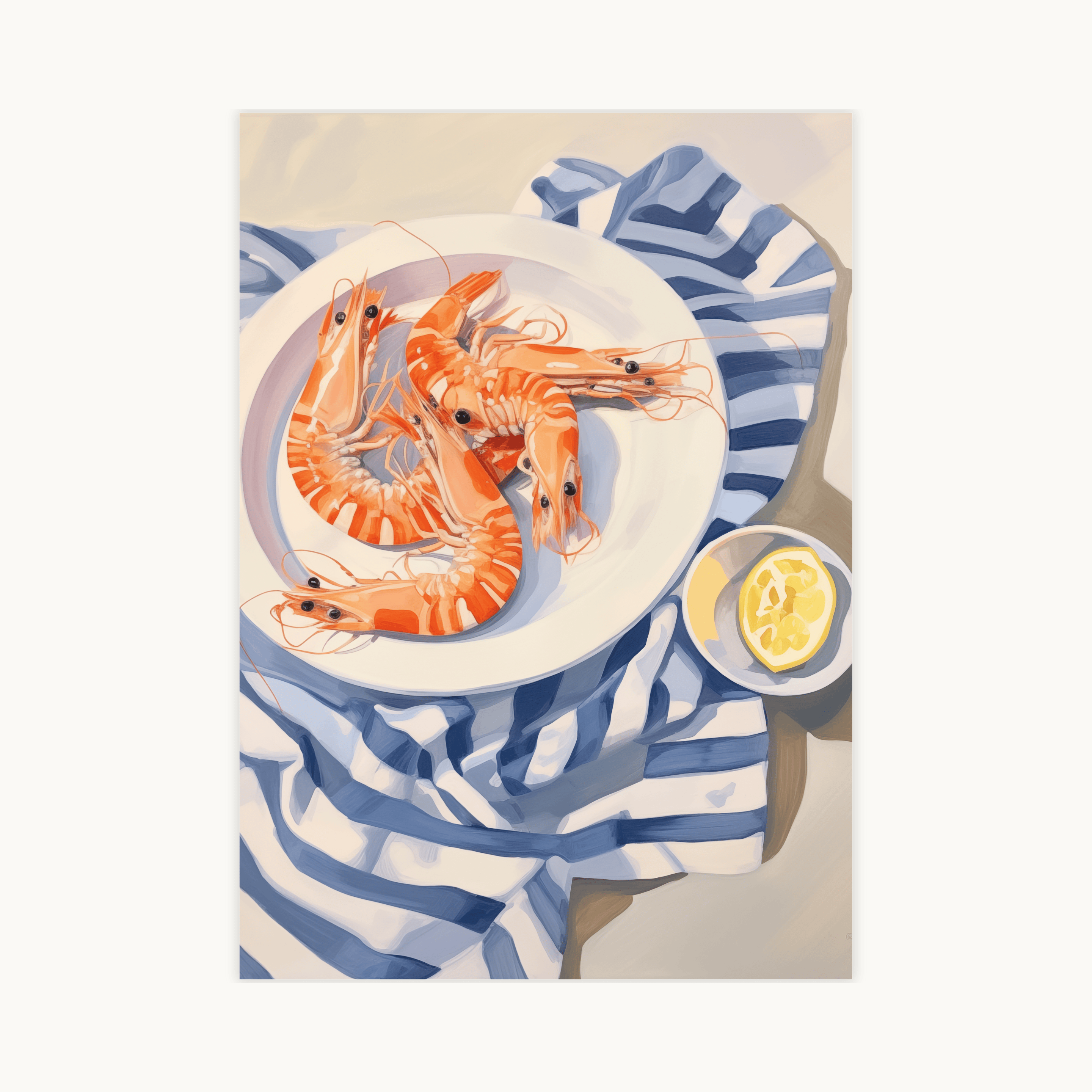 Culinaire kunstprint van gestoomde garnalen (scampi's) op een wit bord met citroen, liggend op een blauw-wit gestreept doek. Stilleven decoratie voor de keuken.