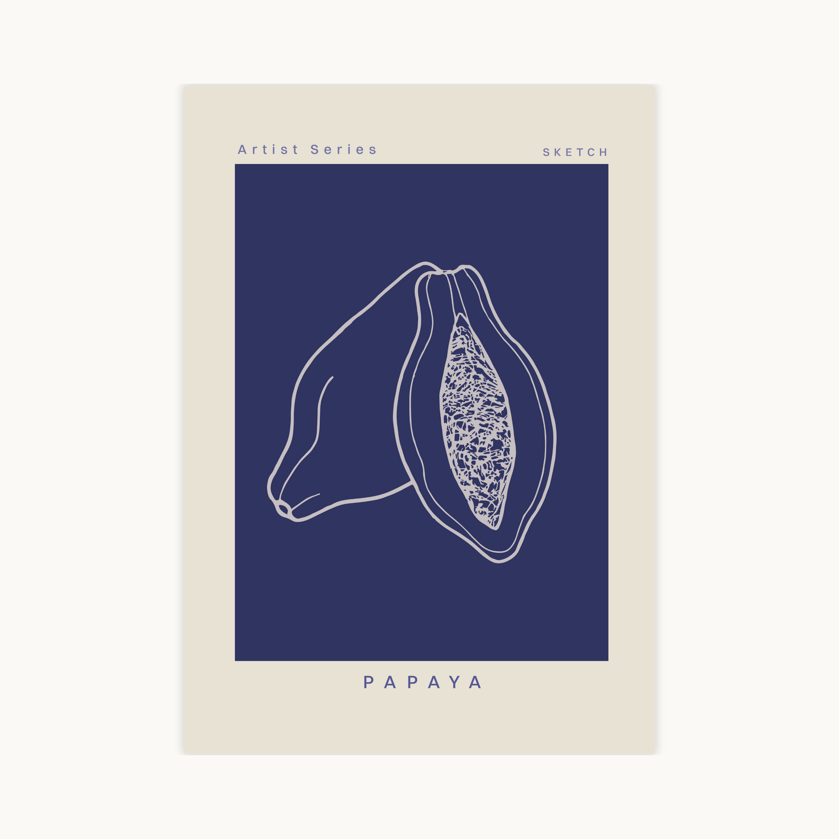 Moderne, blauwe papaja sketch poster van de Artist Series. Minimalistische witte lijntekening van papaja fruit doorsnede.
