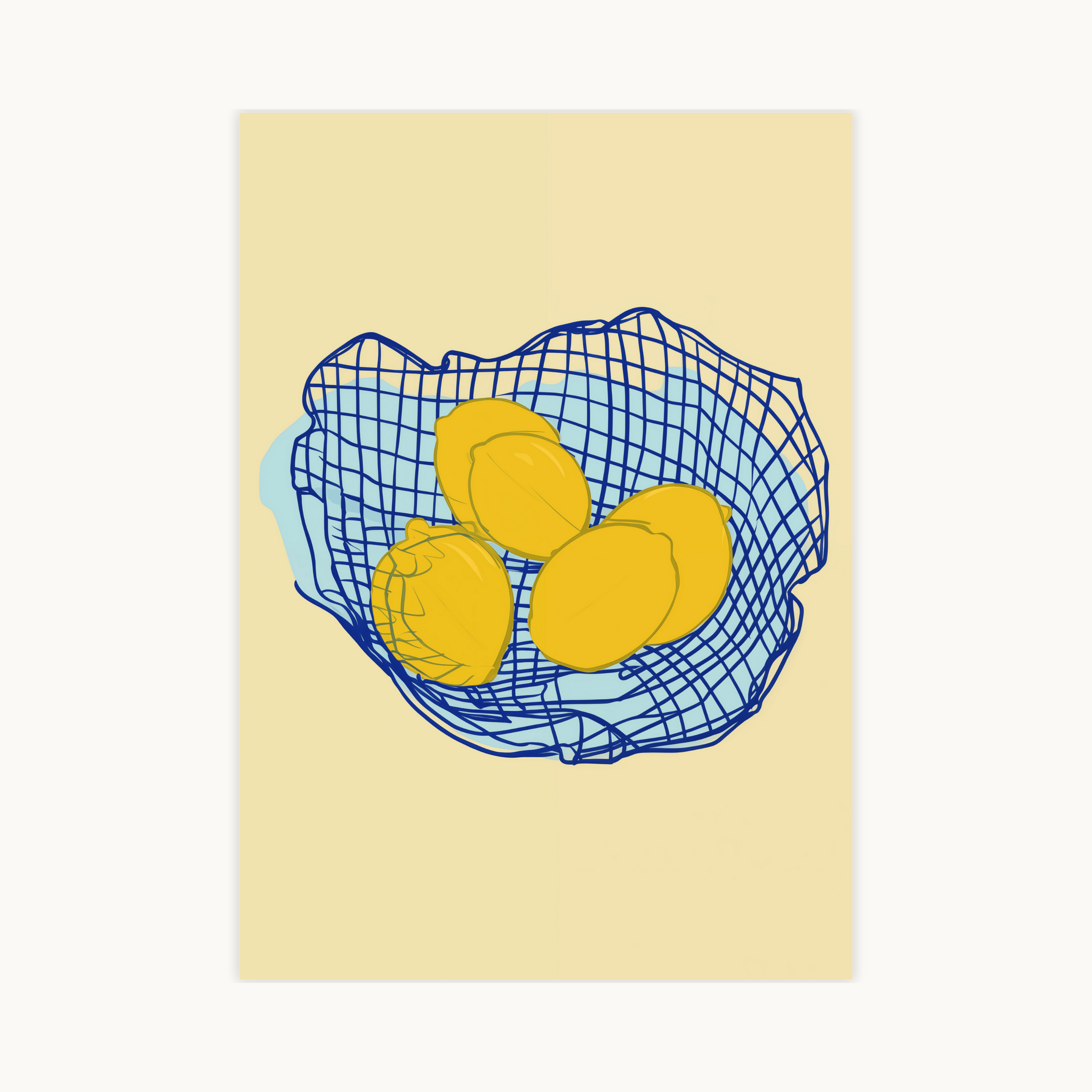 Grafische poster van vier gele citroenen die in een getekend, donkerblauw visnet liggen. De achtergrond is een zachte, crème-gele kleur. Een moderne, minimalistische illustratie van fruit, perfect voor de keukenmuur.