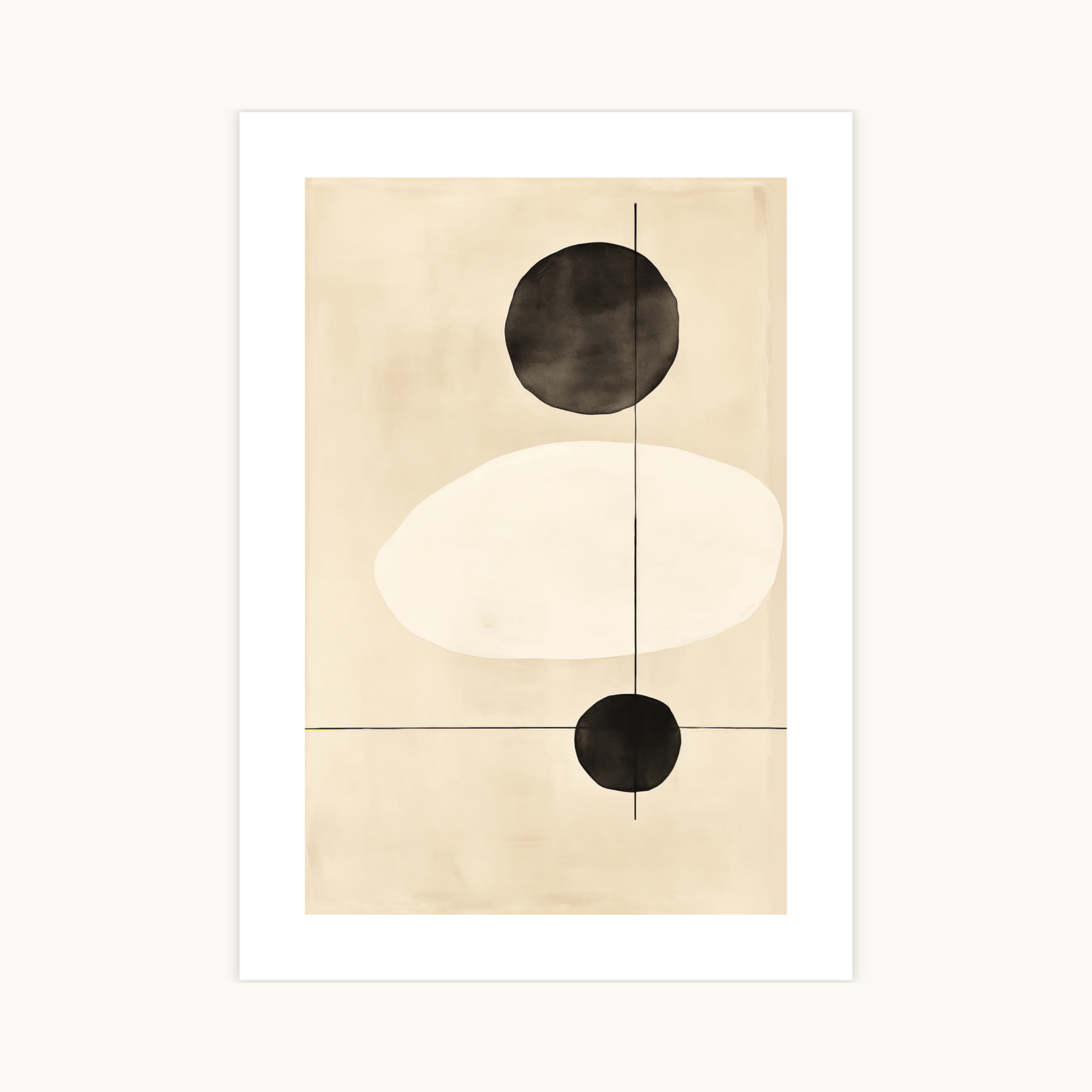 Abstracte minimalistische poster met donkere en lichte geometrische vormen, verticale lijn en beige achtergrond. Moderne kunst print in Scandinavische stijl.