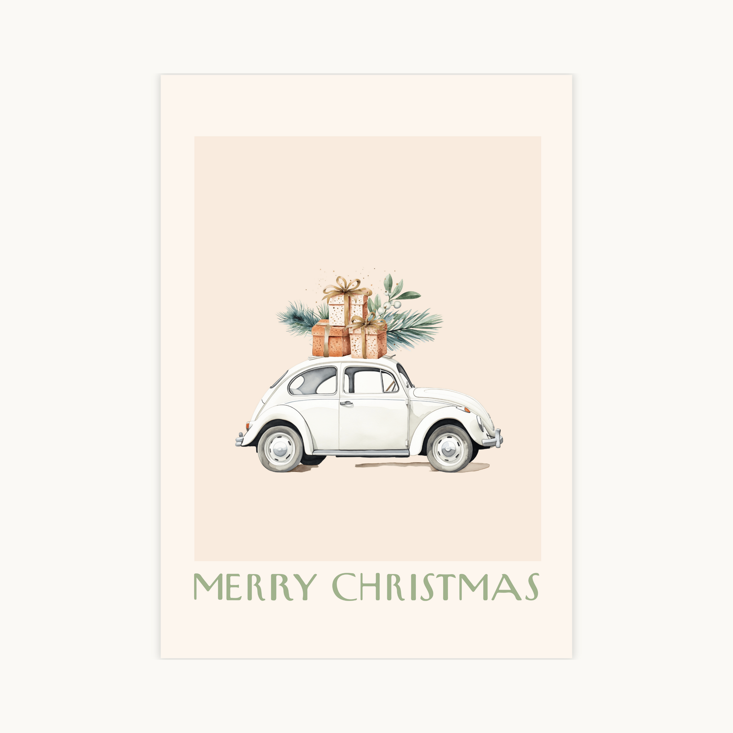 Aquarel poster van een witte Volkswagen Kever (VW Beetle) met kerstcadeaus en dennentakken op het dak, op een zachtroze achtergrond met de tekst "MERRY CHRISTMAS".