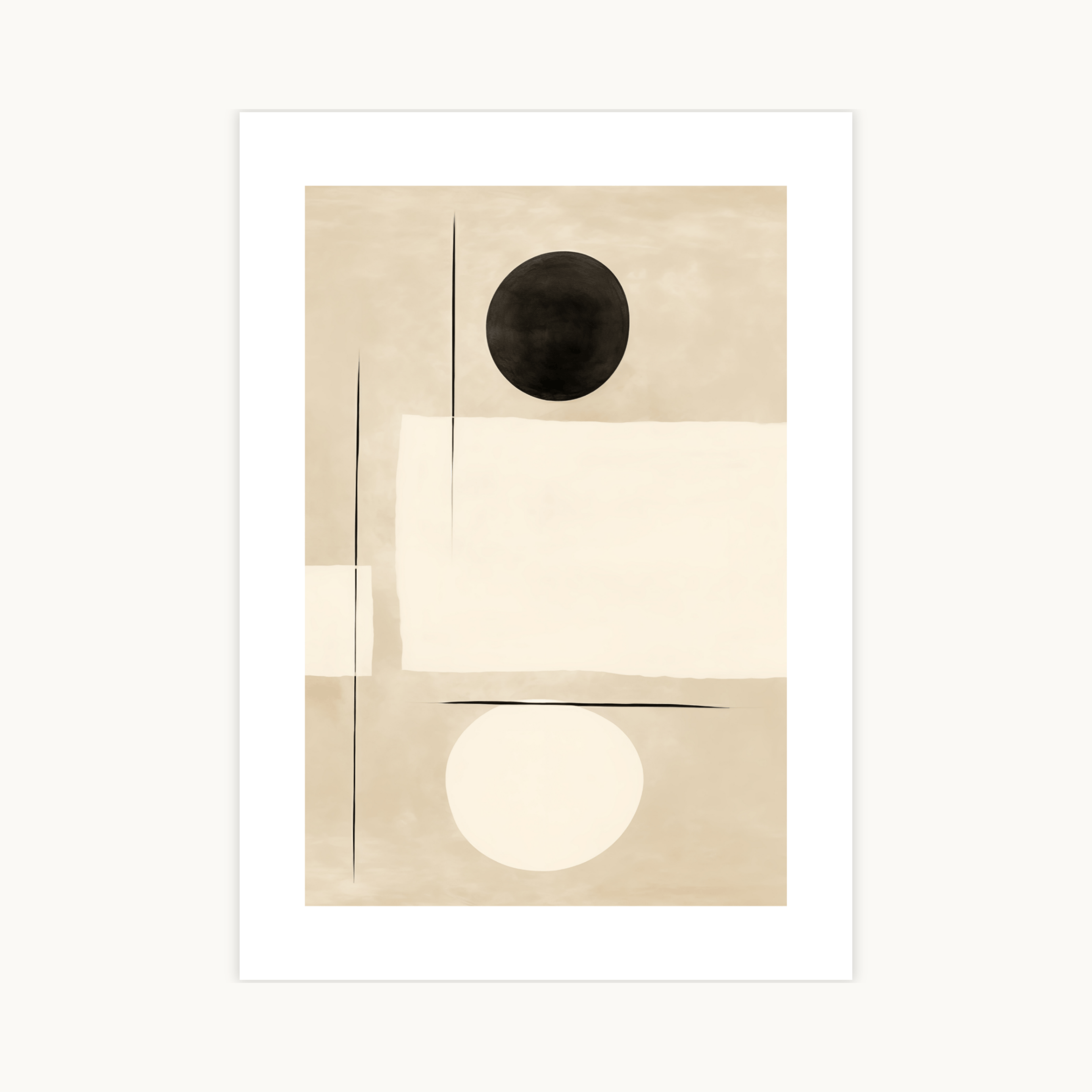 Abstracte minimalistische poster met zwarte en witte cirkels en beige achtergrond. Geometrische kunst print in Scandinavische stijl.