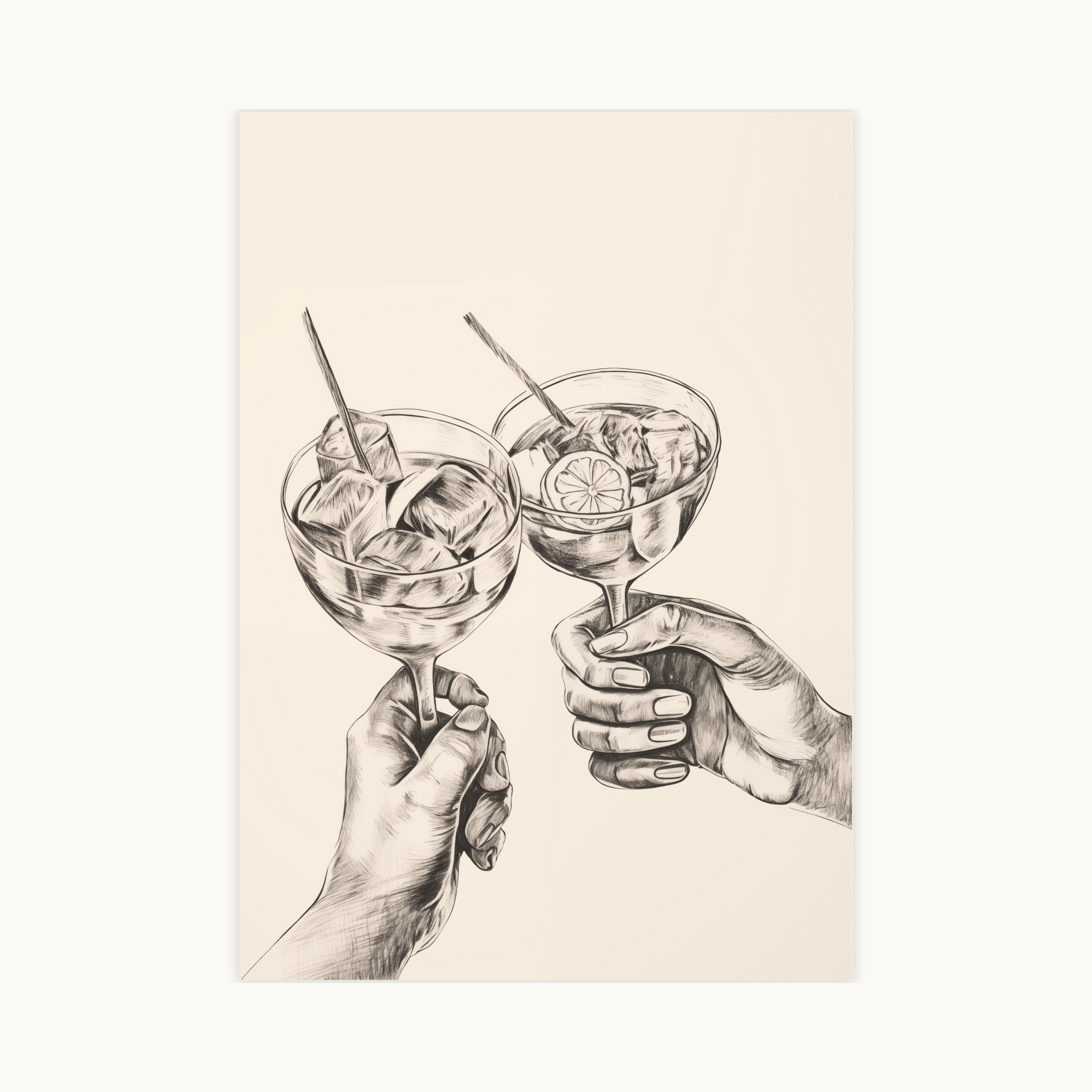 Zwart-wit schets poster van twee handen die proosten met cocktailglazen vol ijs en een schijfje citroen. Elegante line art muurkunst voor de bar of eetkamer, thema: vriendschap en proosten.