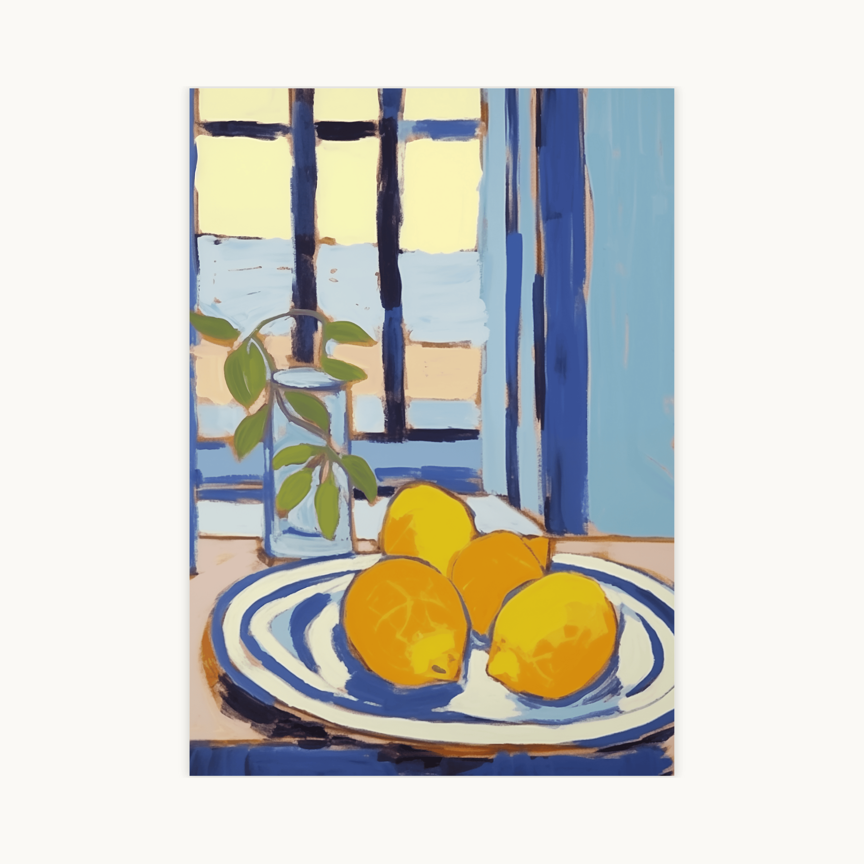 Abstracte, mediterrane kunstprint van citroenen op een gestreept bord voor een raam met zeezicht. Blauwe en gele kustdecoratie.