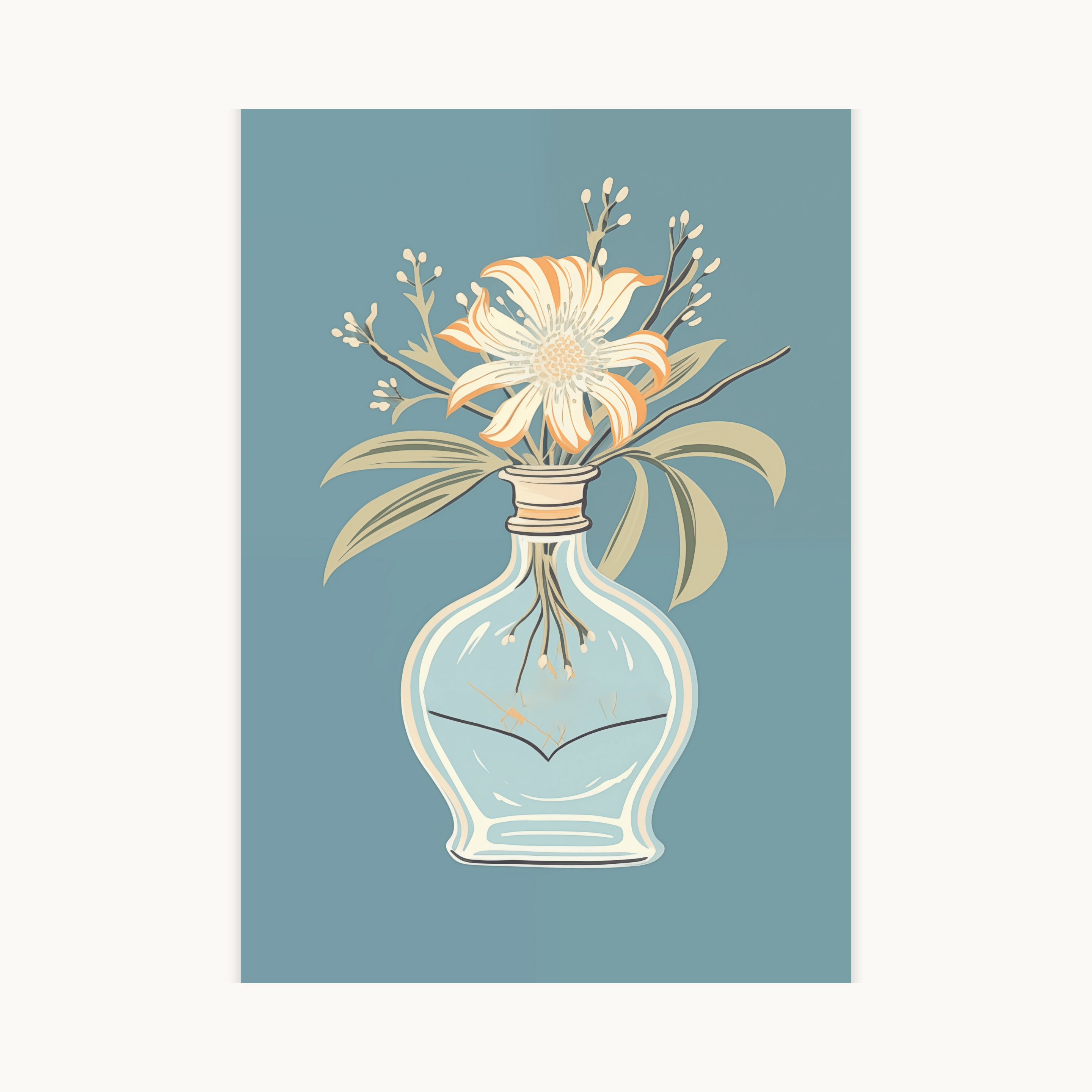 Elegante botanische kunstprint van een crèmekleurige bloem in een glazen vaas op een gedempte blauwe achtergrond. Vintage bloemen muurdecoratie.