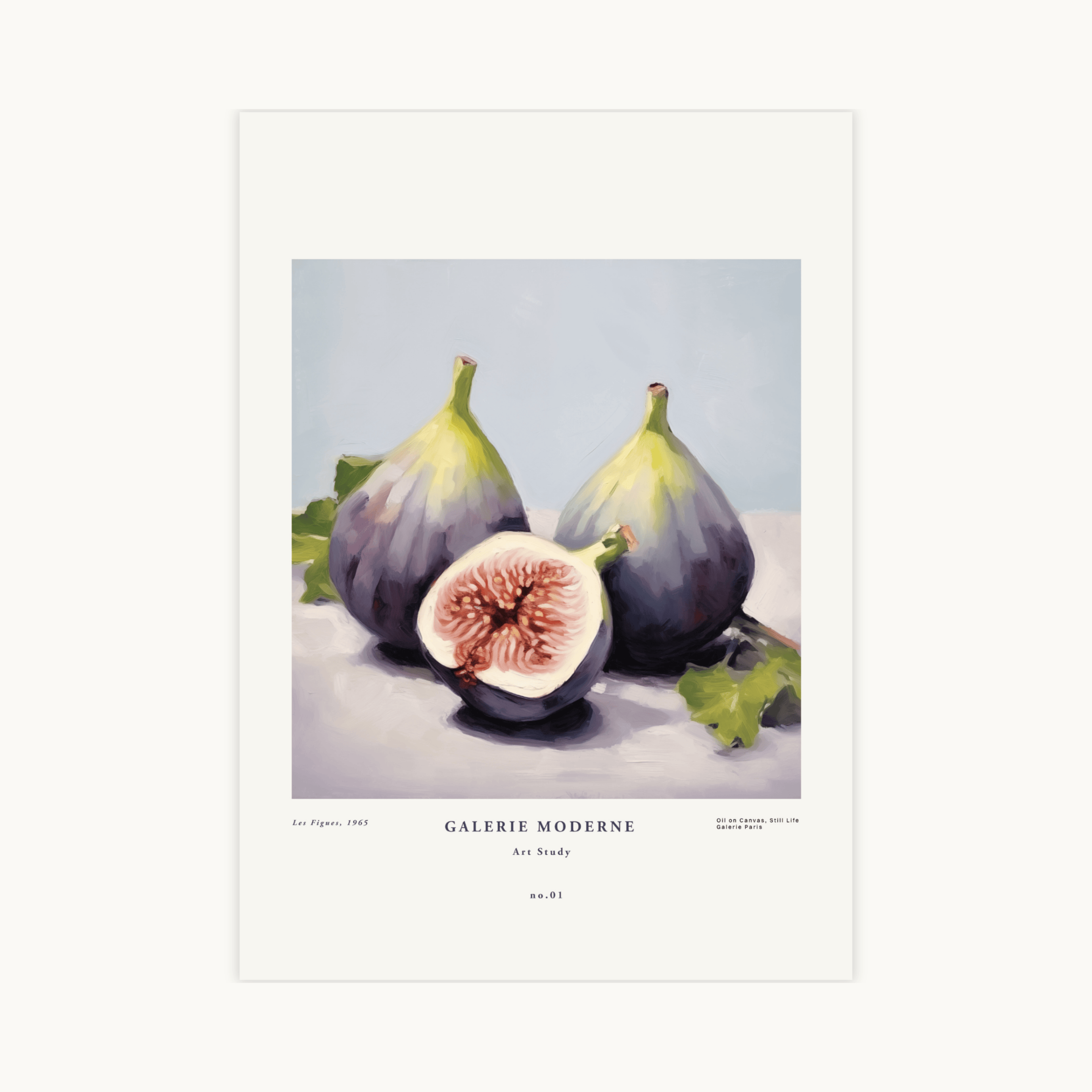 Schilderij poster van drie paarse vijgen in een klassiek stilleven. Fruit kunst en Keuken decoratie.