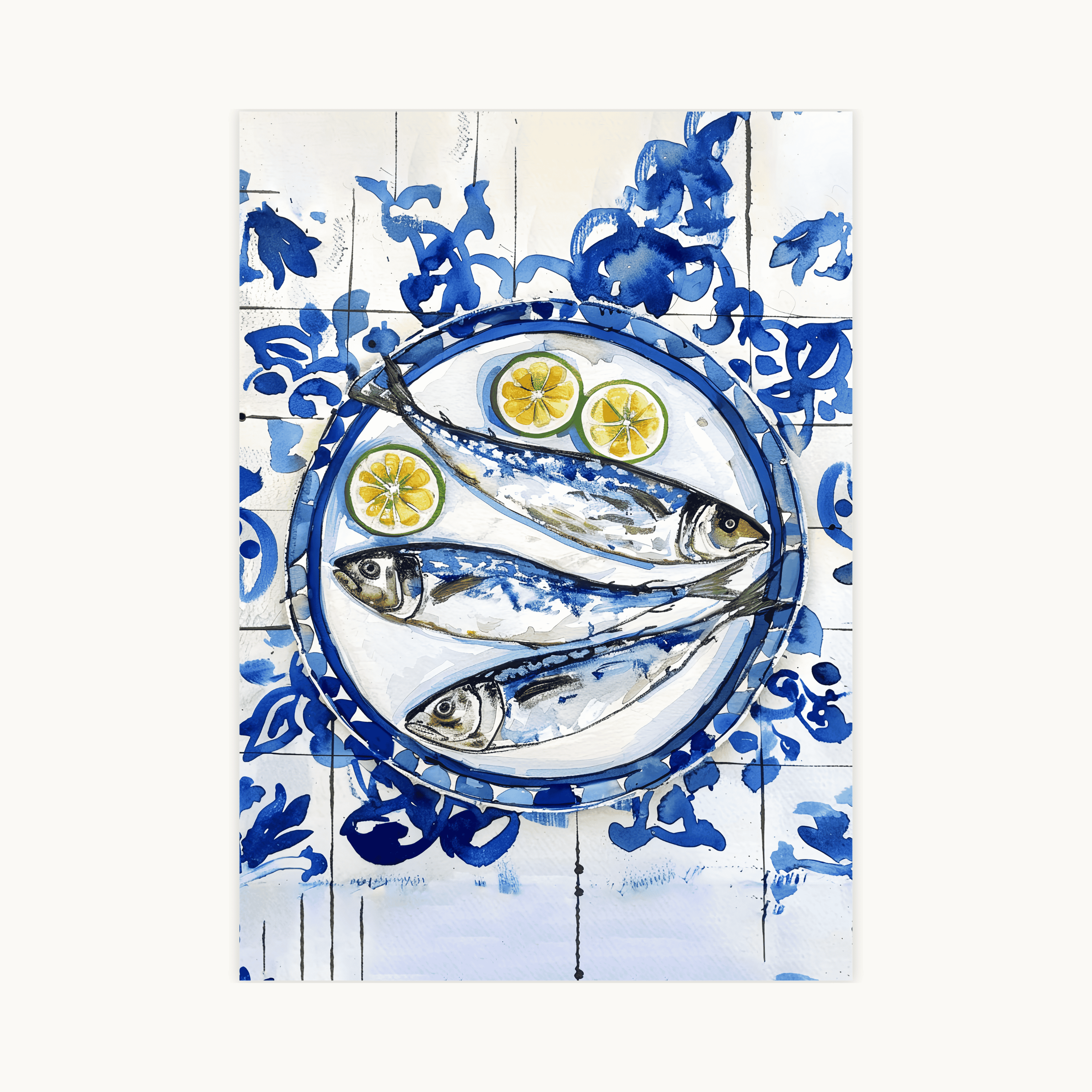 Aquarel kunstprint 'Fresh fish for dinner' van drie vissen met citroen op een bord, omringd door een traditioneel blauw-wit Azulejo tegelpatroon. Keuken decoratie.