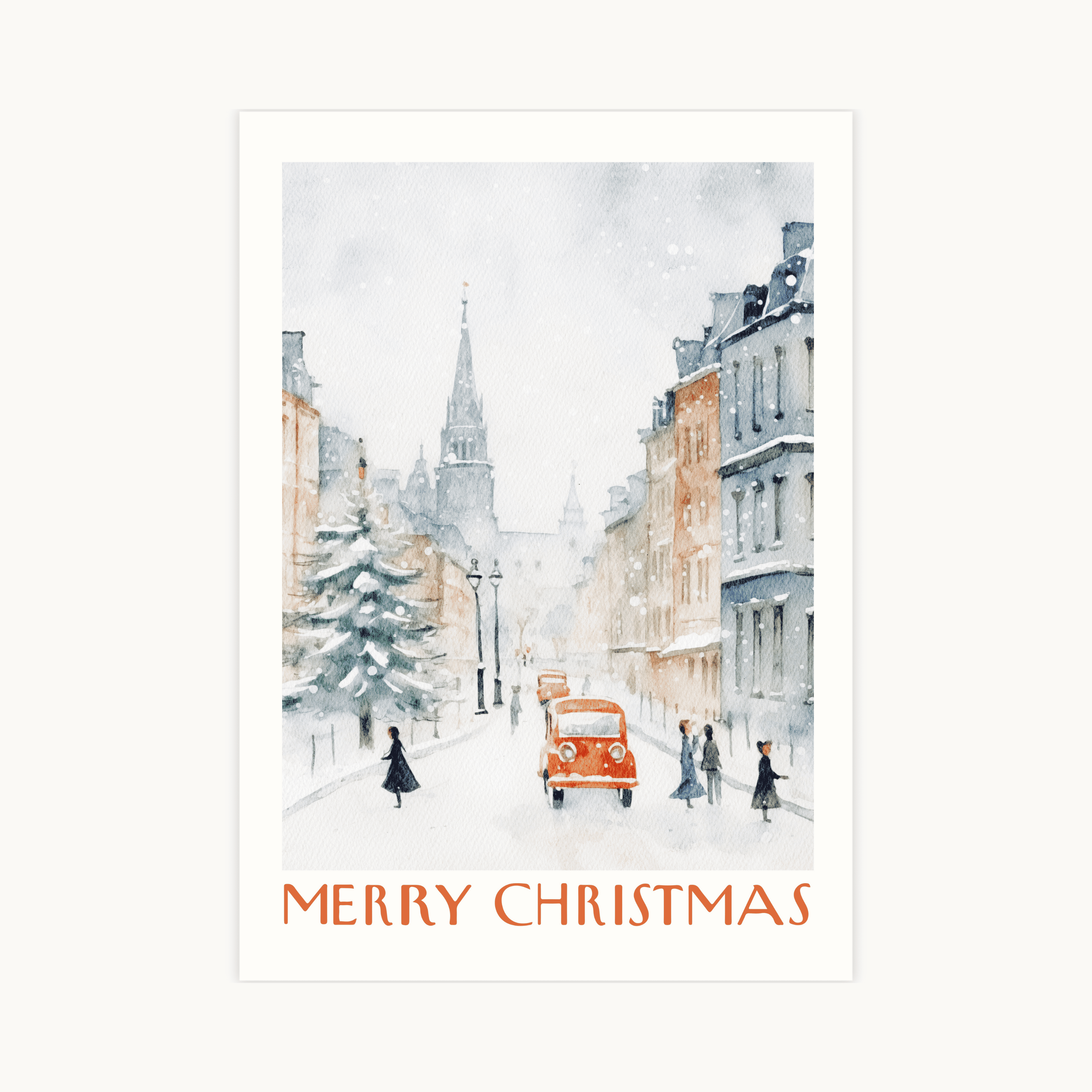 Aquarel poster van een besneeuwde Europese straat met historische gebouwen, een toren en een rode vintage auto. Nostalgische en romantische winter stadsdecoratie.