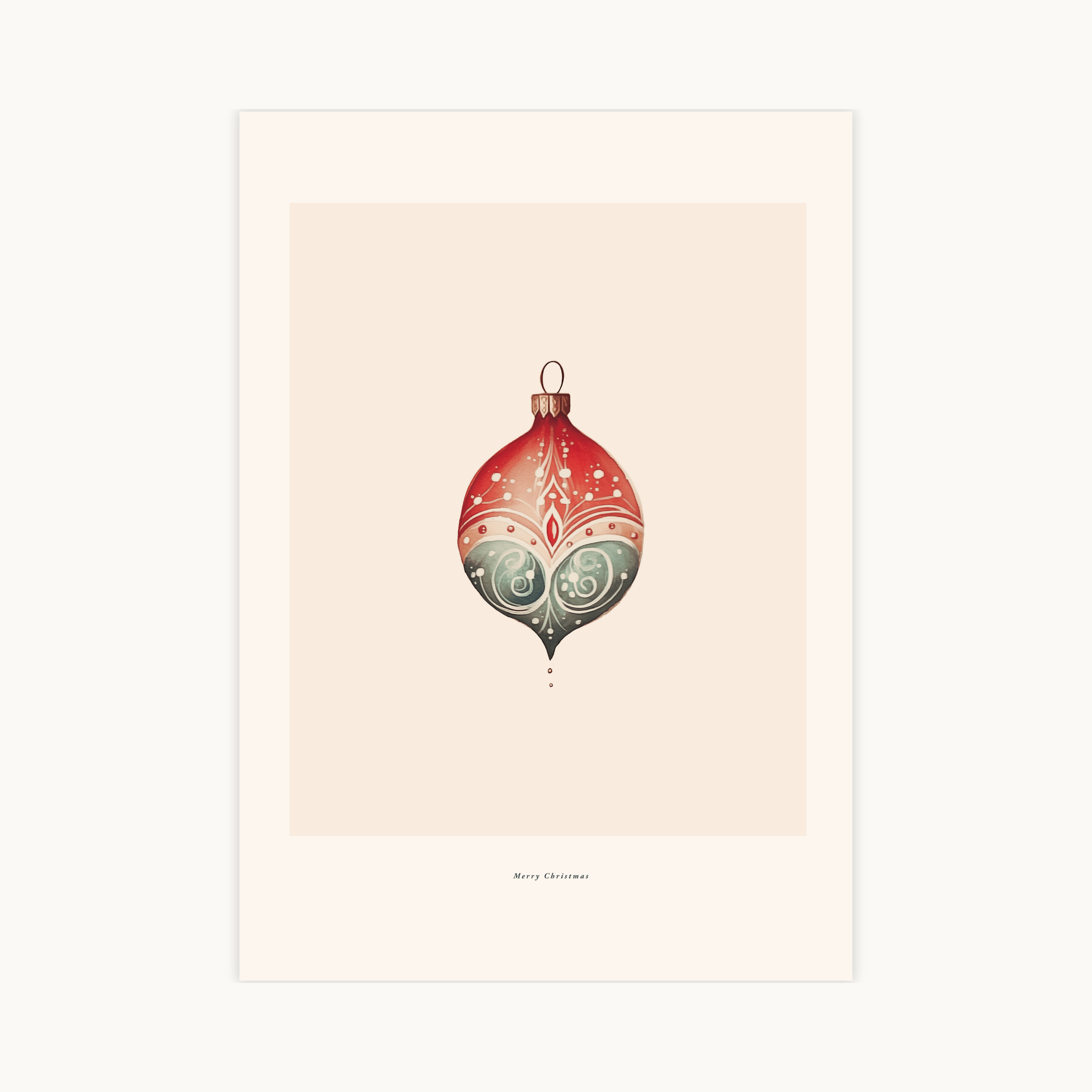 Vintage stijl kerstposter met een rood en groenblauwe druppelvormige kerstbal (ornament) met witte, symmetrische versieringen, op een zachtroze achtergrond.