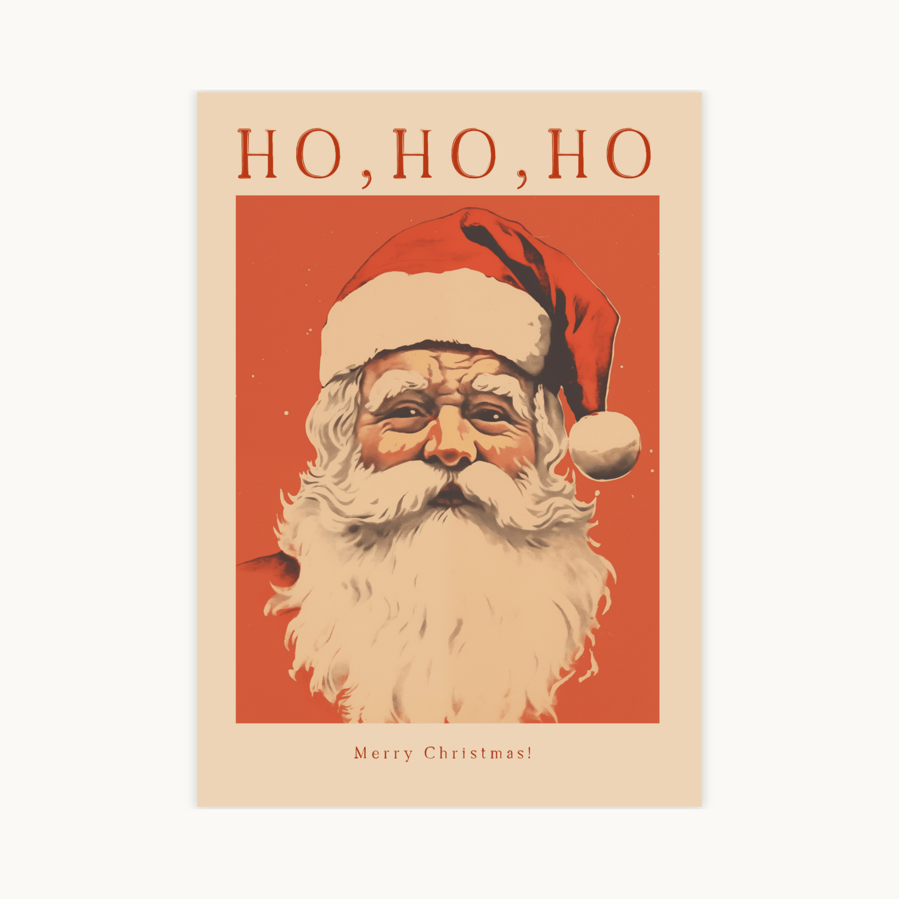 Vintage stijl kerstposter met een close-up portret van de Kerstman op een rode achtergrond. Tekst luidt "HO, HO, HO" en "Merry Christmas!". Traditionele retro kerstdecoratie