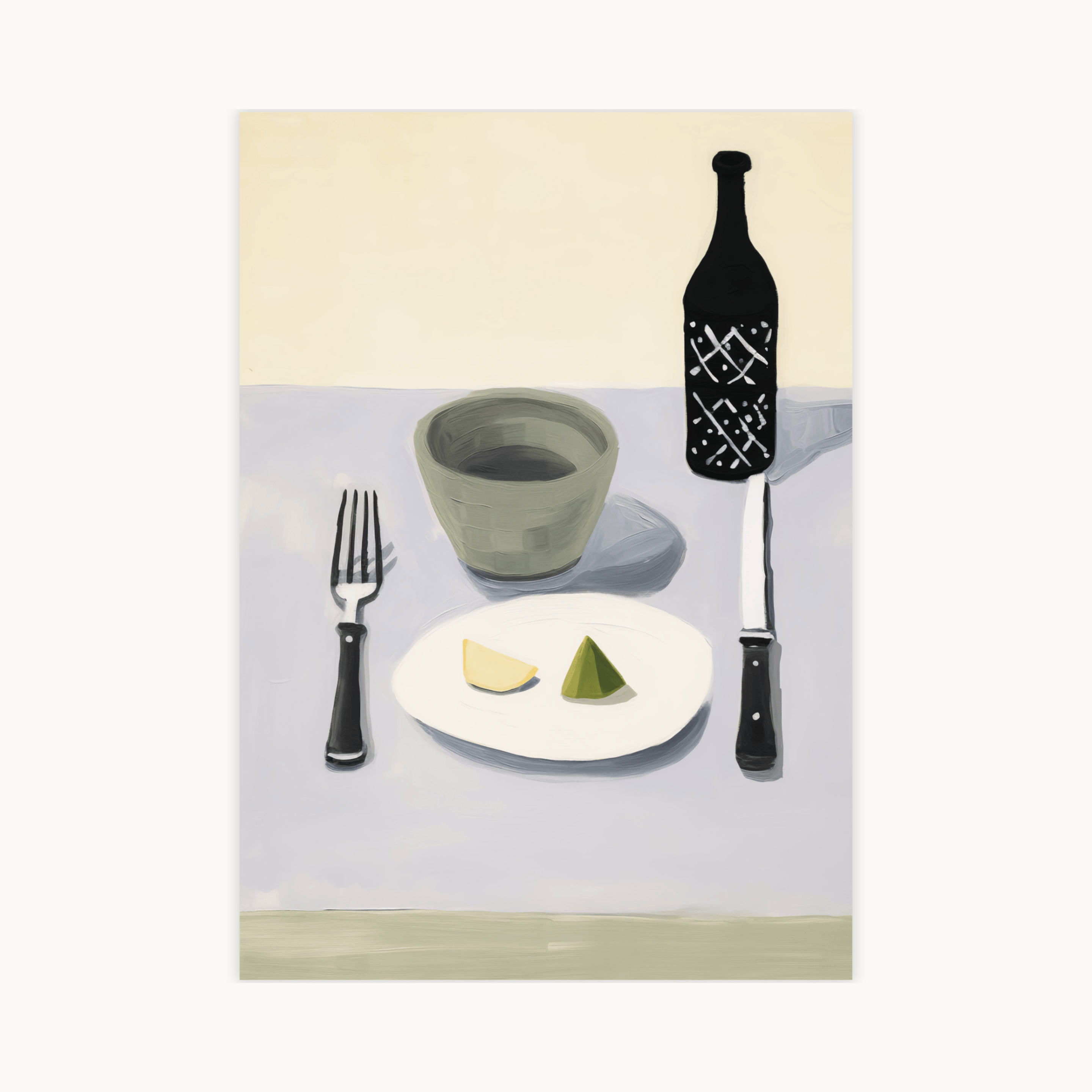 Schilderij poster van een modern stilleven met een fles, kom, bord, vork en mes in minimalistische kunst stijl met koele grijstinten.