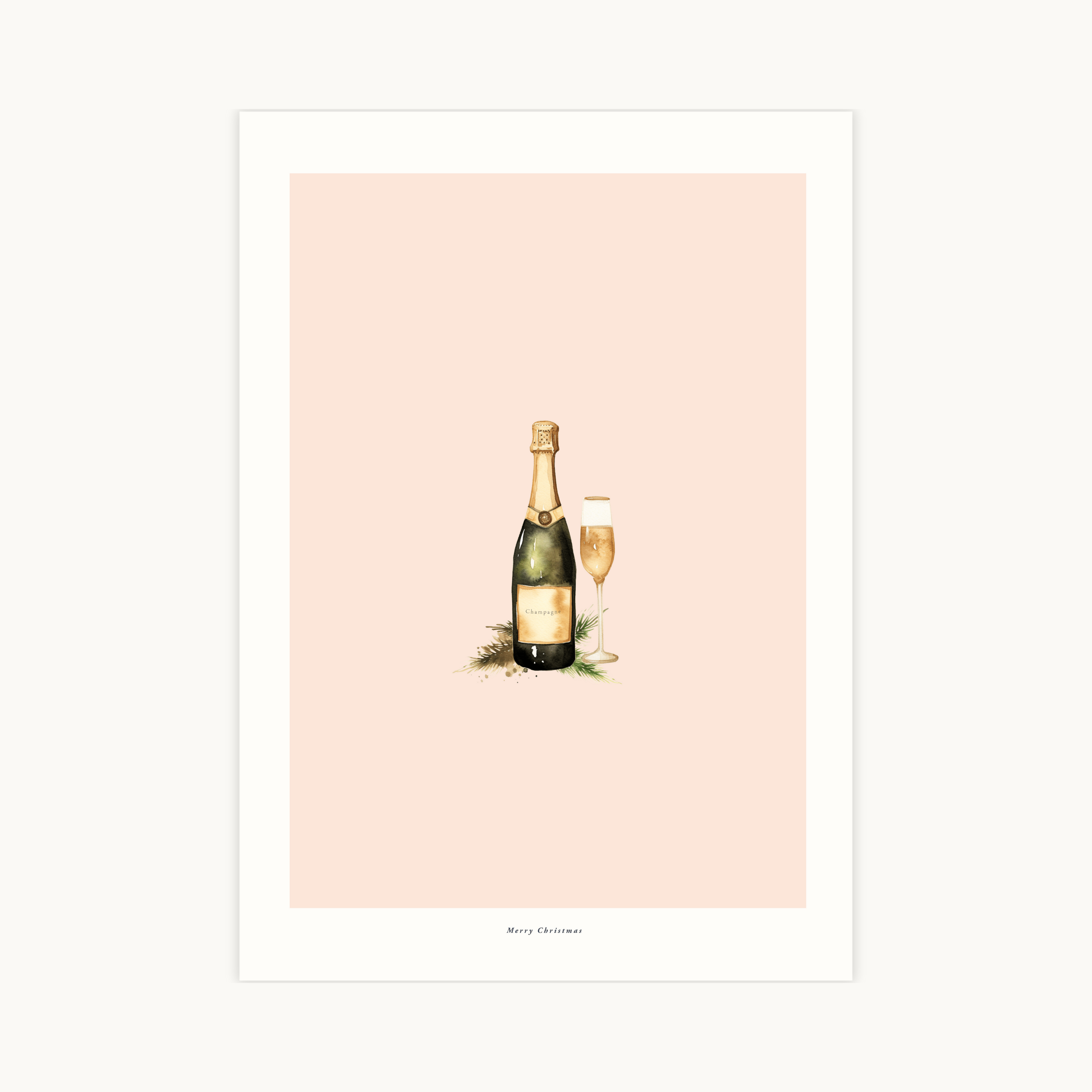 Minimalistische poster met een champagnefles en een glas champagne, versierd met kerstgroen. Aquarel illustratie op een zachtroze achtergrond, ideaal voor barhoek decoratie.
