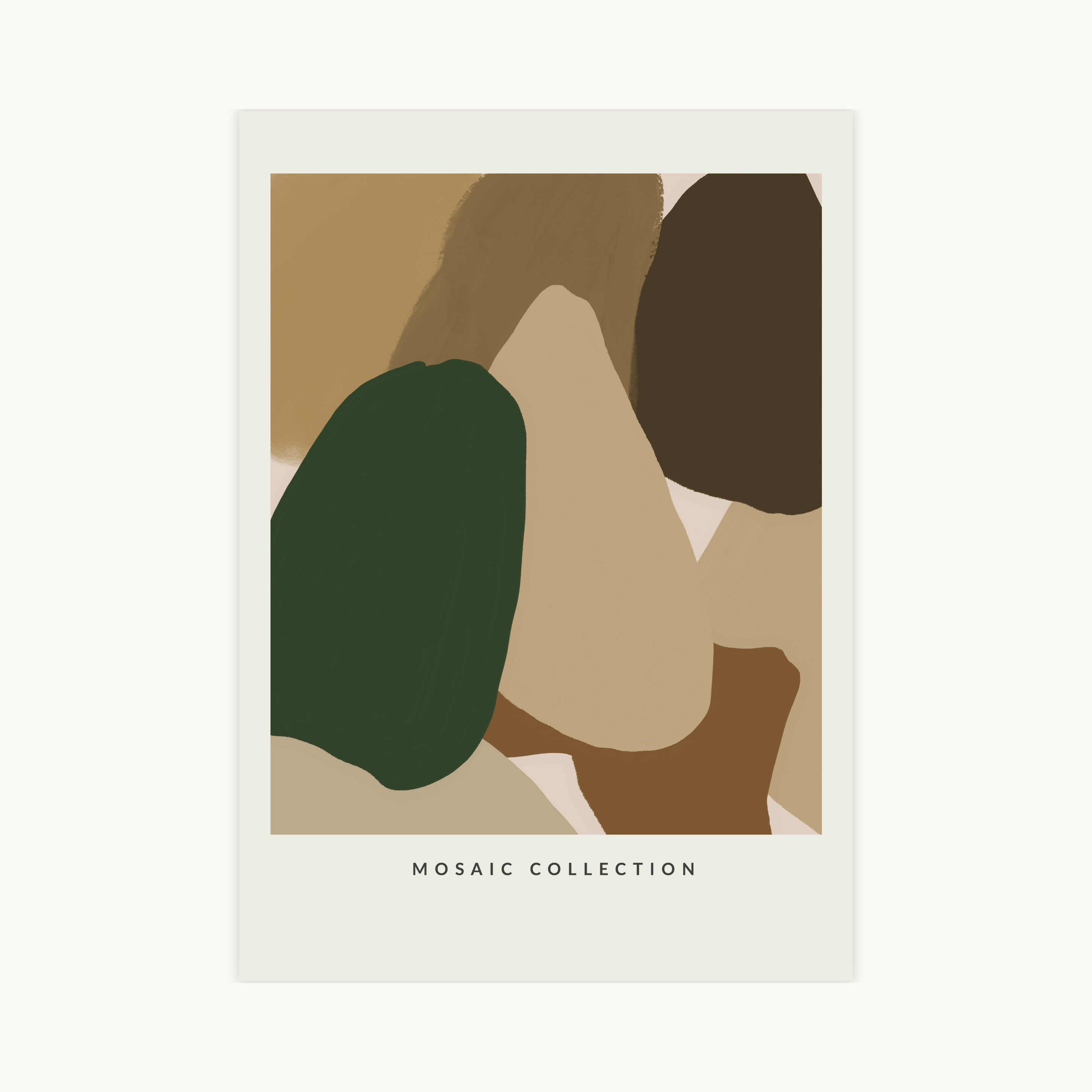 Verticale poster uit de Mosaic Collection met een abstracte compositie van organische vlakken in aardetinten zoals groen, beige en bruin.