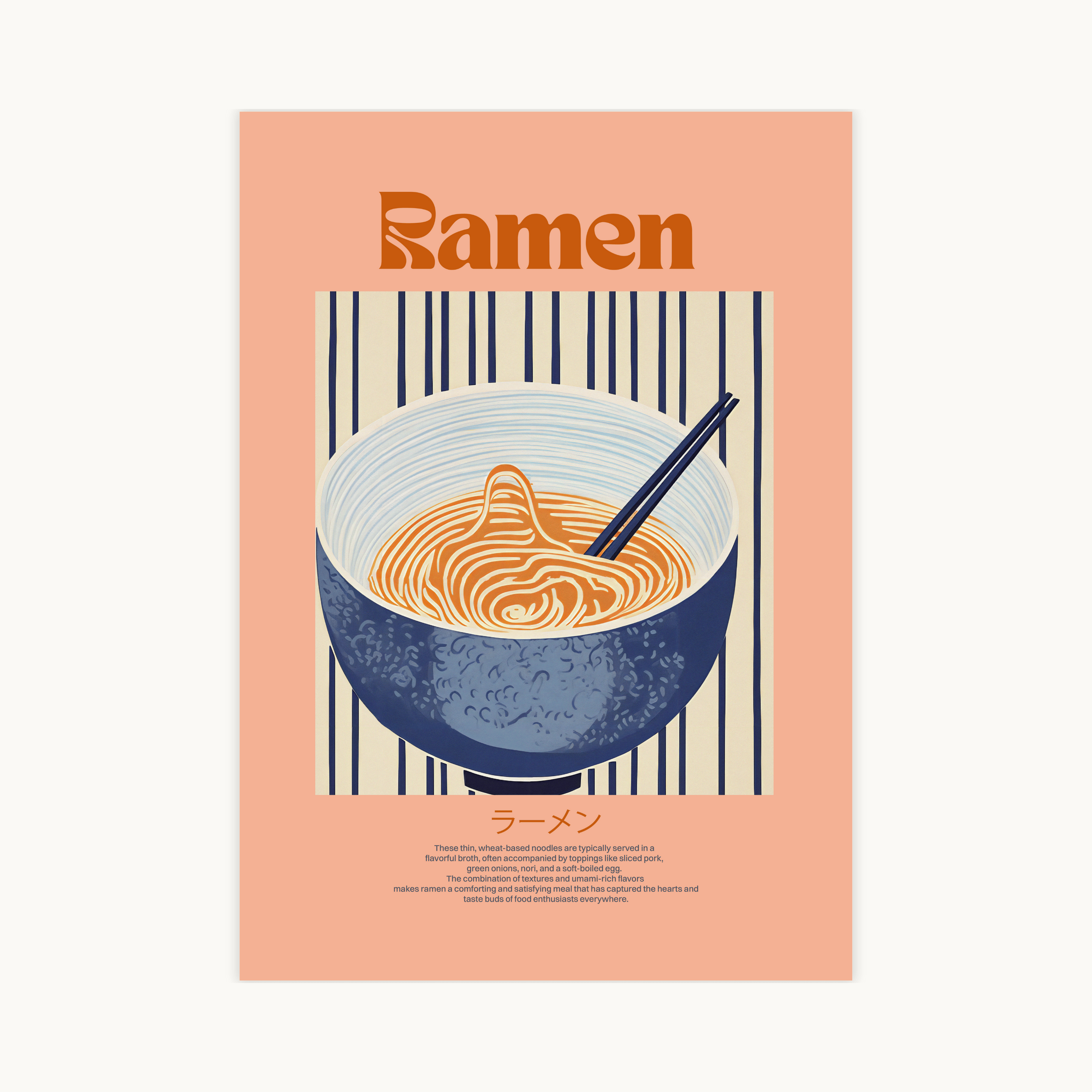 Grafische Ramen poster met een kom met oranje noedels in blauwe kom, Japanse karakters en de tekst 'Ramen'. Japanse food art decoratie.