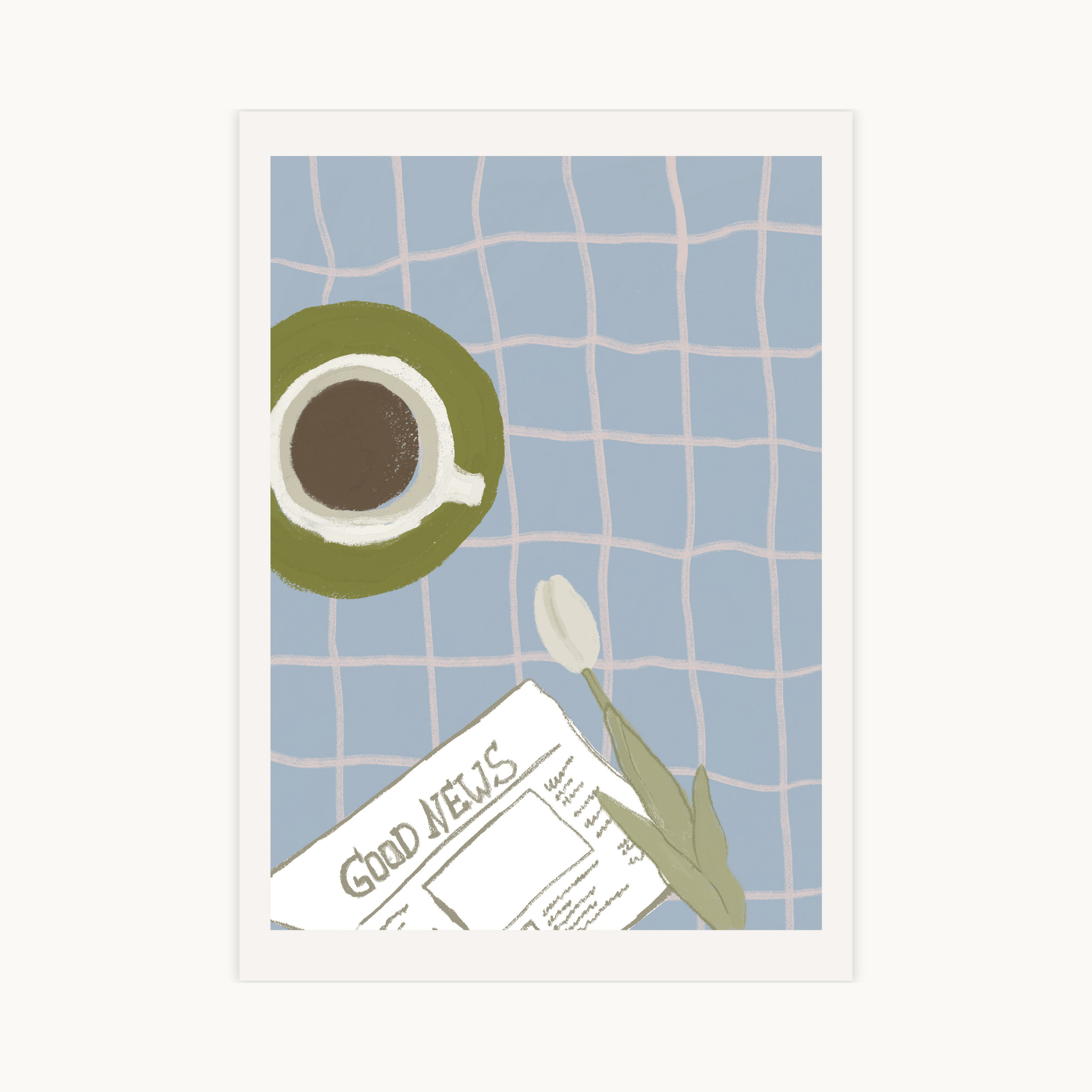 Moderne lifestyle poster met een kop koffie, een witte tulp en een krant genaamd Good News op een blauwe geruite ondergrond.